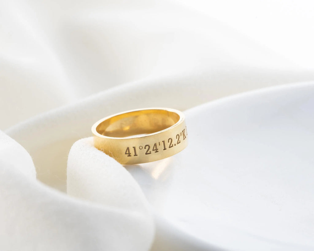 Solid Gold Coordinates Ring: Custom Engraved Anniversary Jewelry Charmora Jewelry
