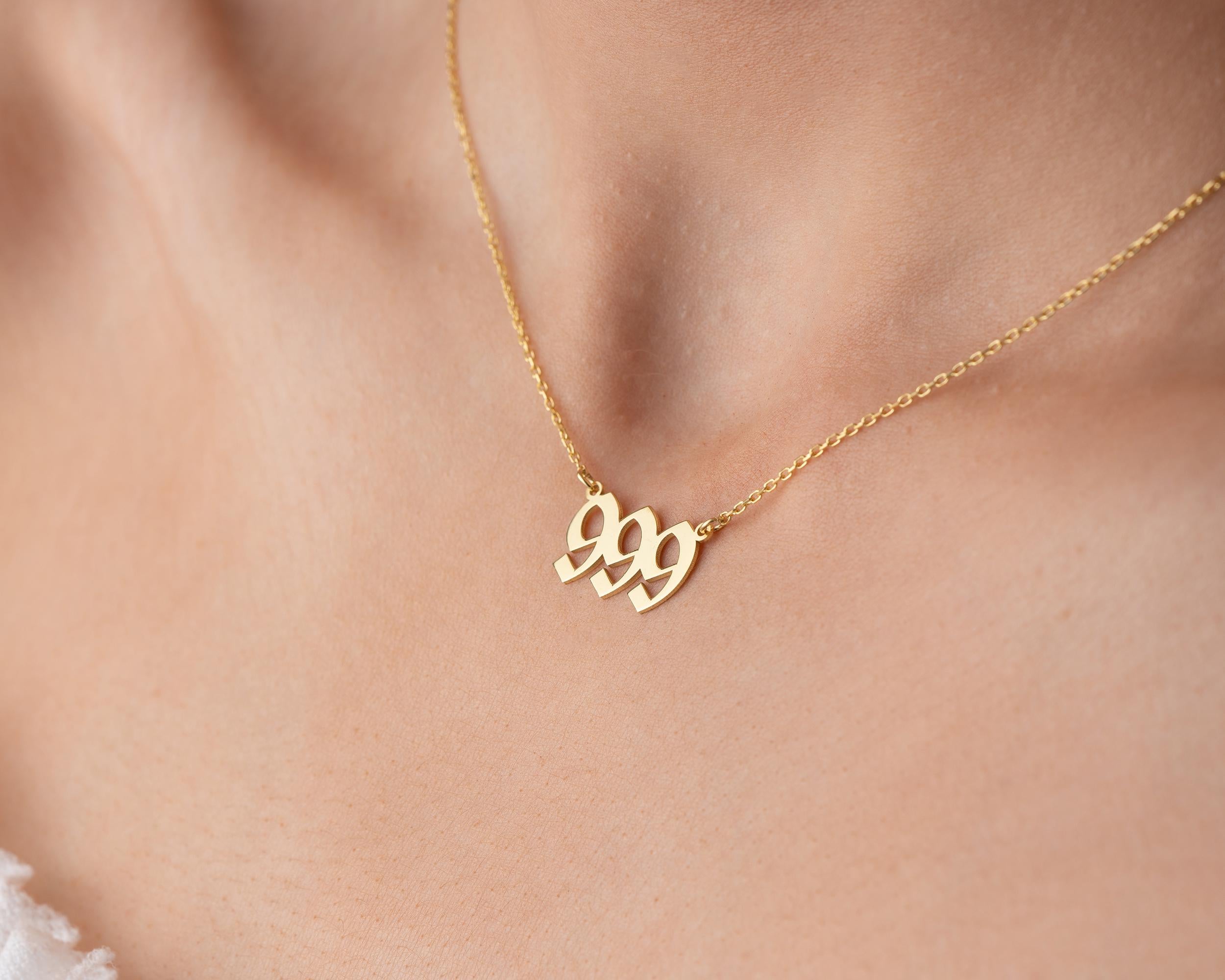 Gold 999 Angel Number Necklace: Sterling Silver Numerology Jewelry