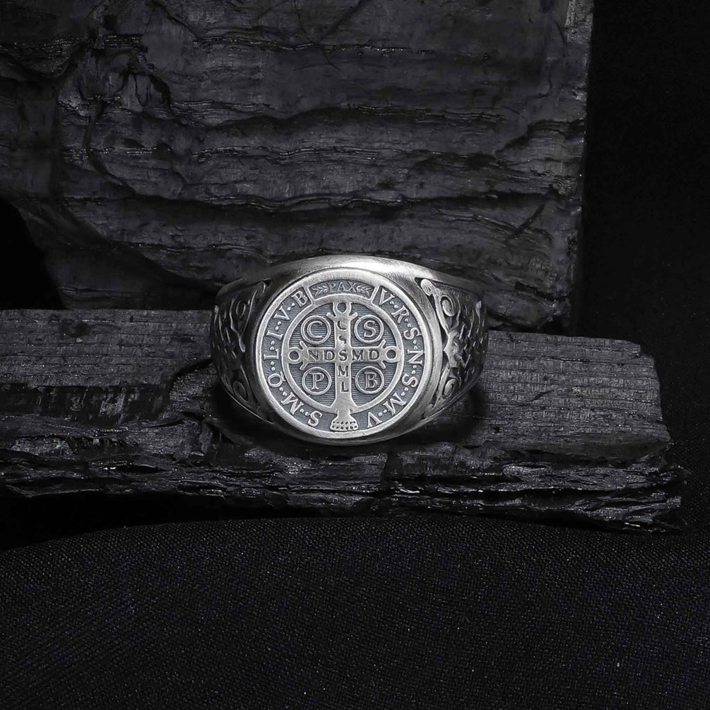 Sterling Silver St Benedict Medal Ring: Religious Signet Jewelry