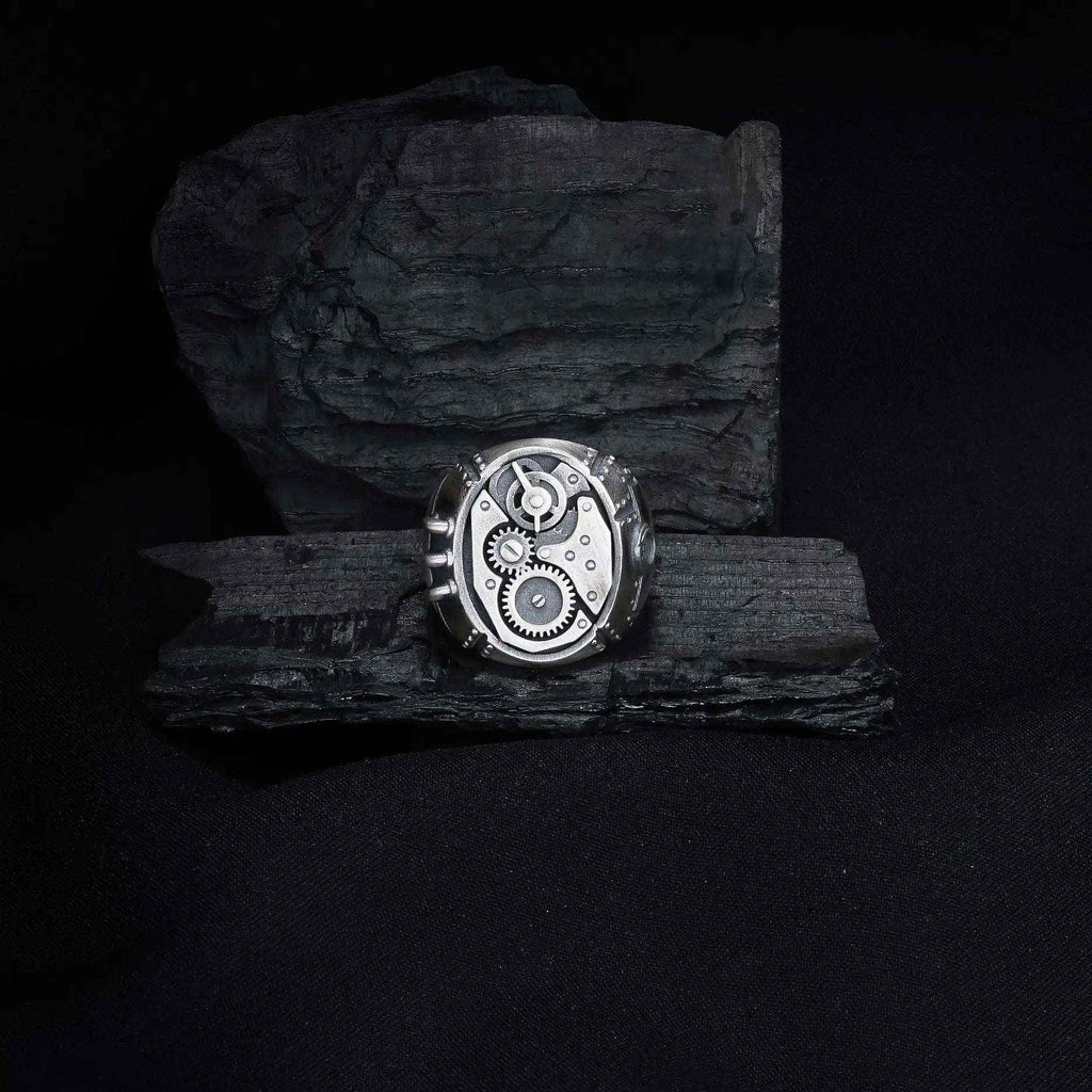 Sterling Silver Steampunk Gear Ring: Mechanical Gothic Jewelry