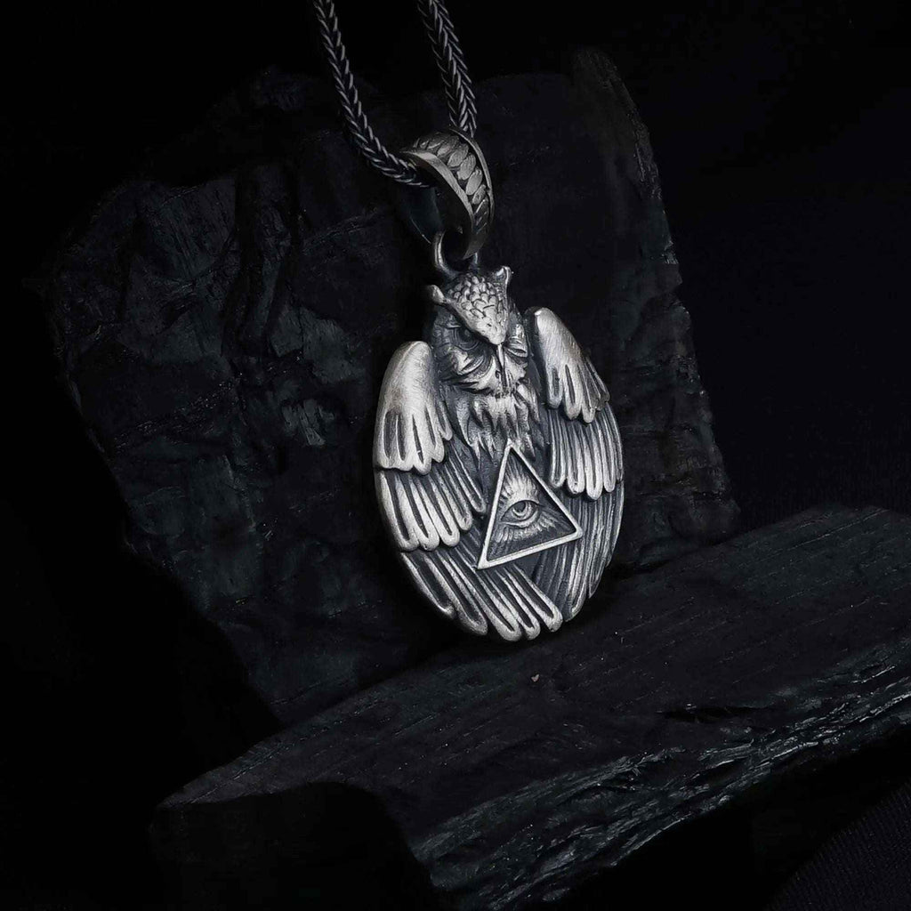 Sterling Silver Owl Pendant Necklace: All-Seeing Eye Illuminati Symbol