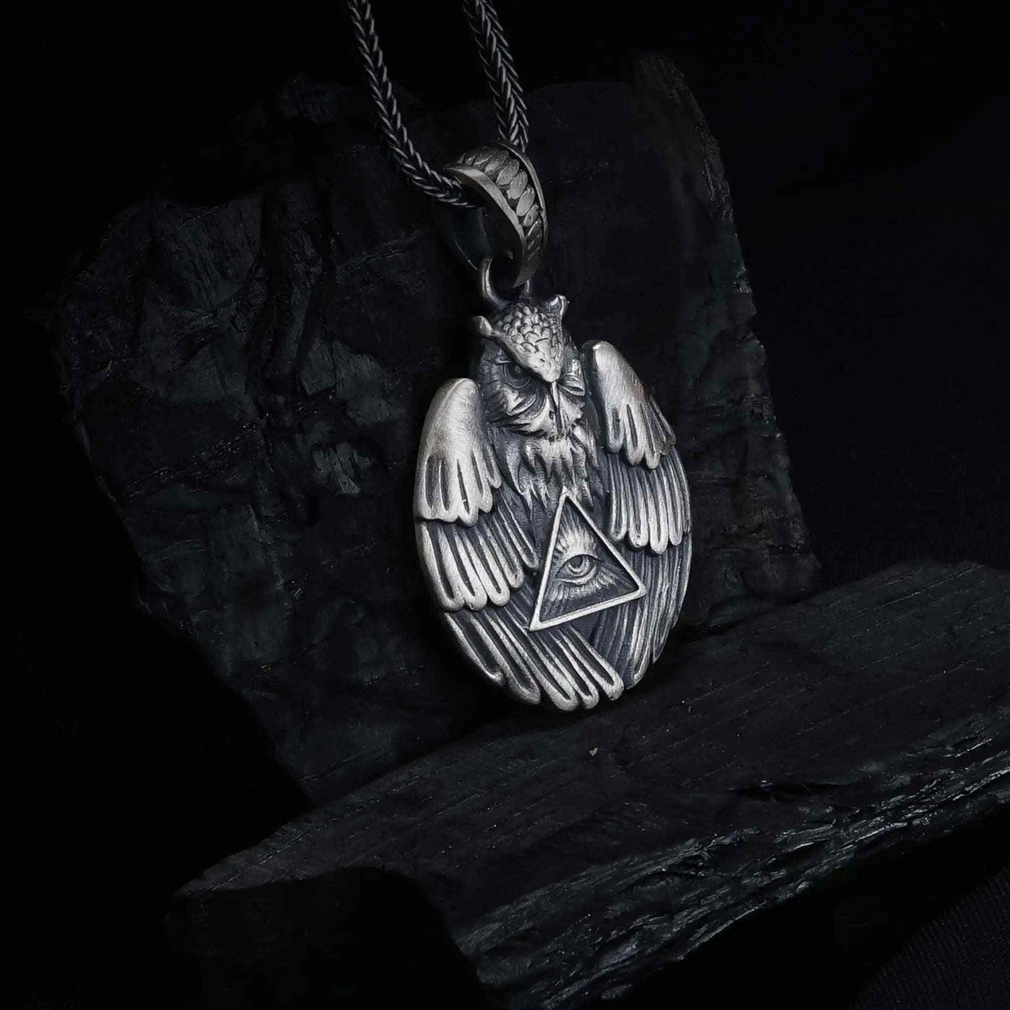 Sterling Silver Owl Pendant Necklace: All-Seeing Eye Illuminati Symbol