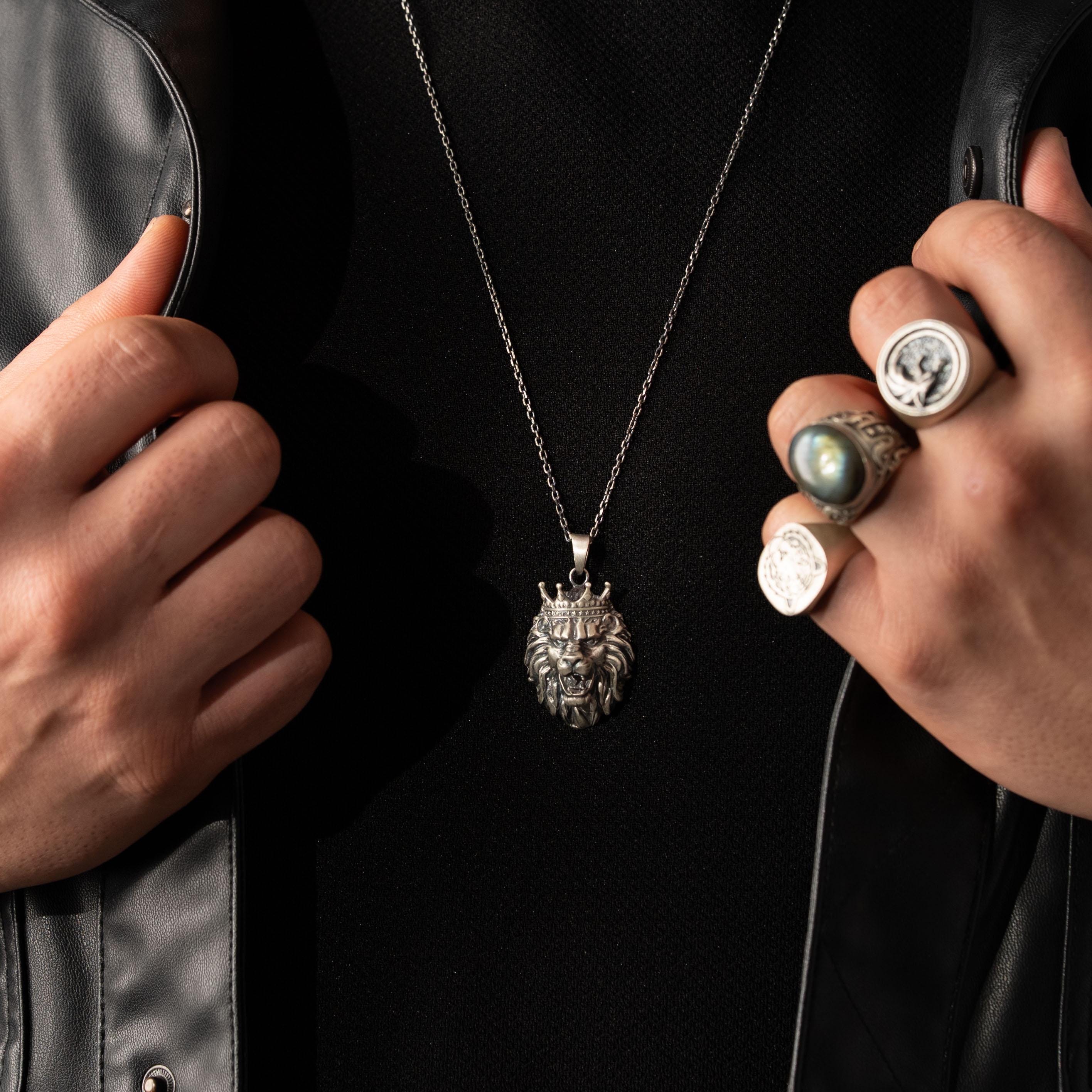Crowned Roaring Lion Motif Necklace  Ring  Charmora Jewelry