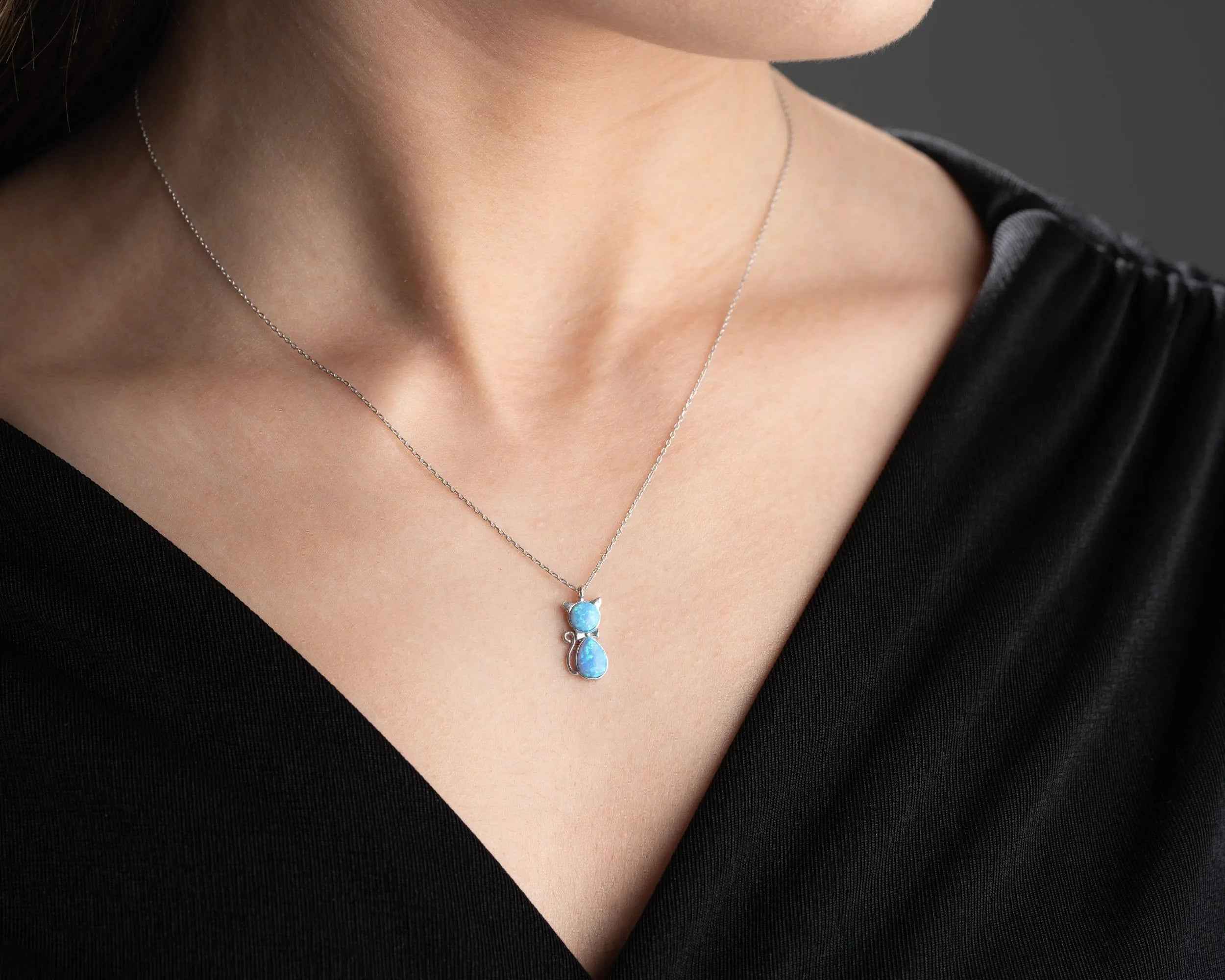 Sterling Silver Cat Necklace: Opal Stone, Rose Gold Finish