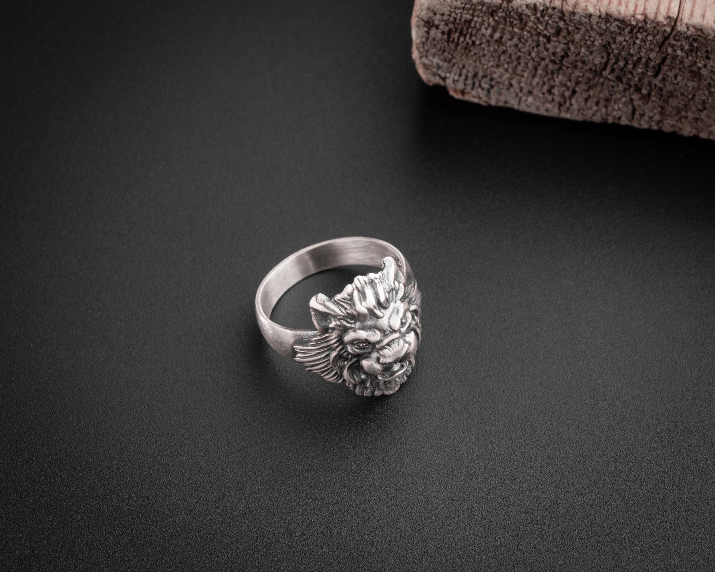 Sterling Silver Lion Head Ring - Handmade Mens Jewelry