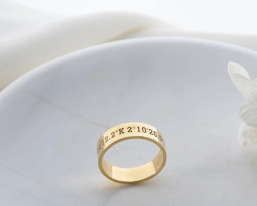 Solid Gold Coordinates Ring: Custom Engraved Anniversary Jewelry Charmora Jewelry