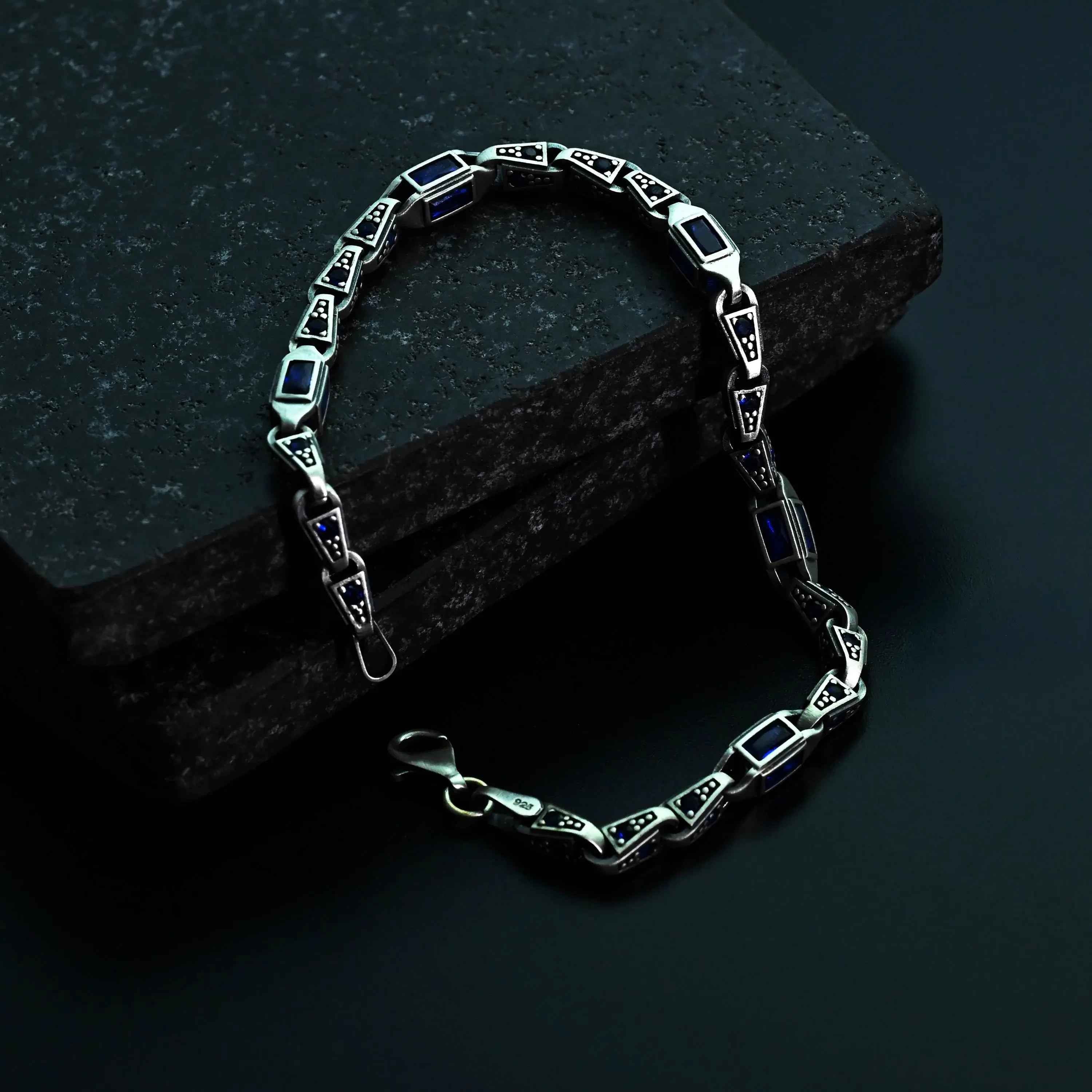 925 Sterling Silver Blue Baguette Bracelet for Men, Modern Men’s Jewelry Gift