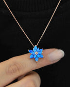 Opal Lotus Flower Necklace: Rose Gold Sterling Silver, Blue Opal