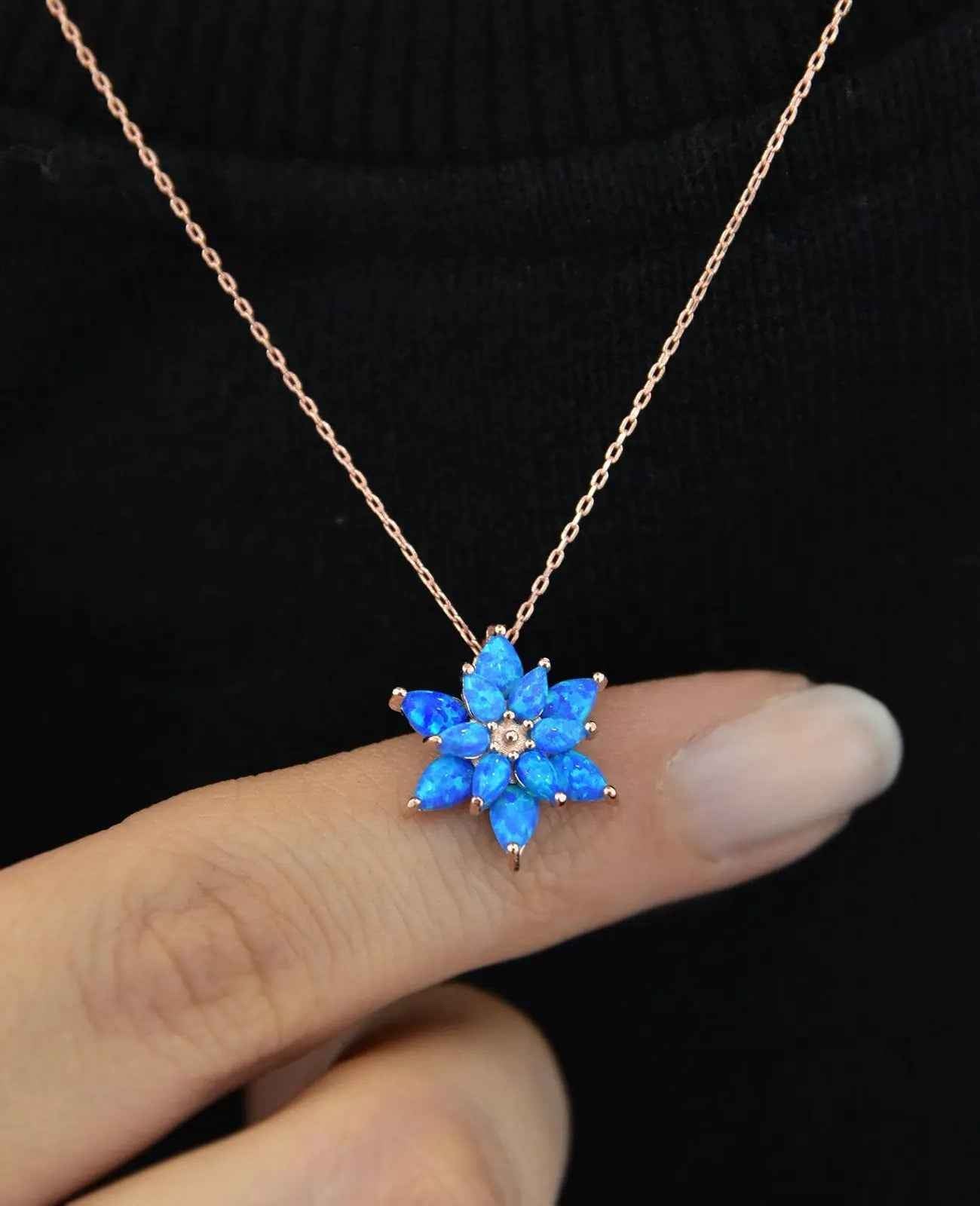 Opal Lotus Flower Necklace: Rose Gold Sterling Silver, Blue Opal
