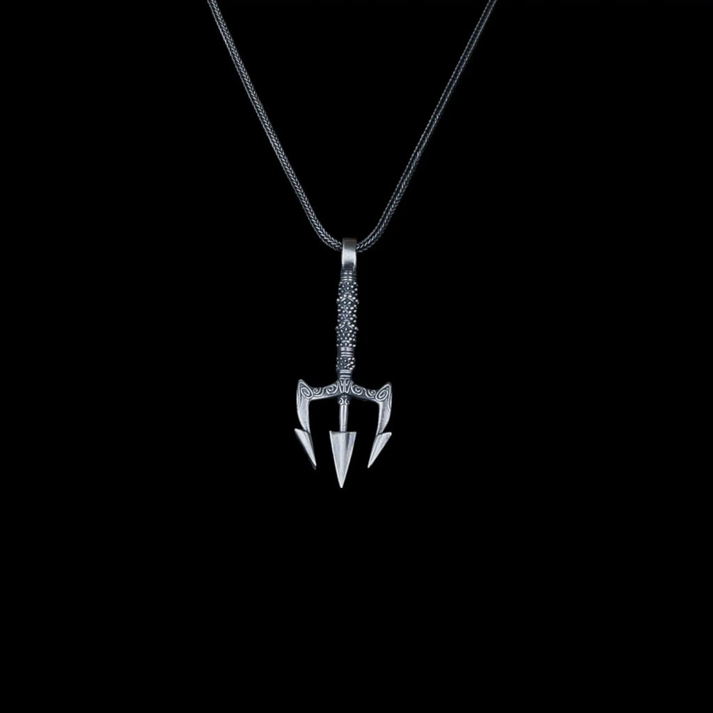 Oxidized Sterling Silver Trident Necklace: Poseidon Spear Pendant   Charmora Jewelry