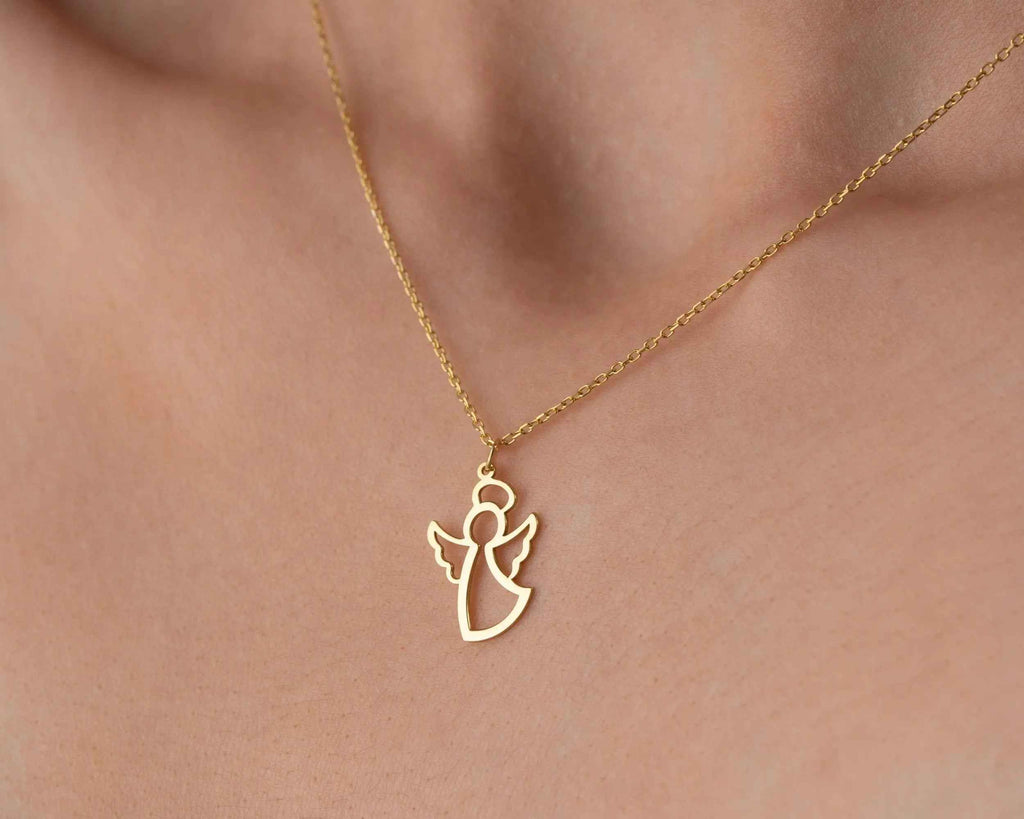 Solid Gold Angel Wing Necklace: 10K-18K Gold Pendant