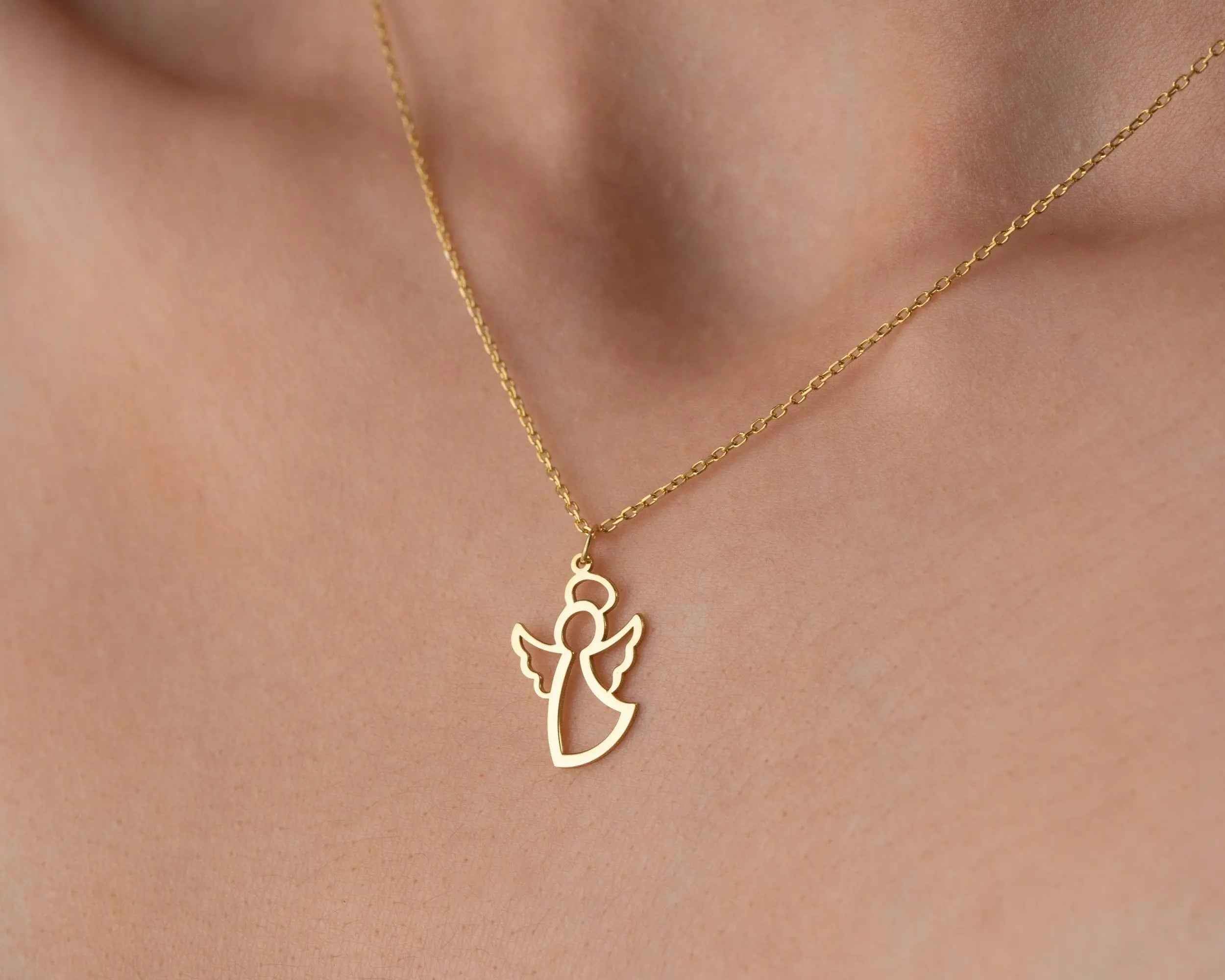 Solid Gold Angel Wing Necklace: 10K-18K Gold Pendant