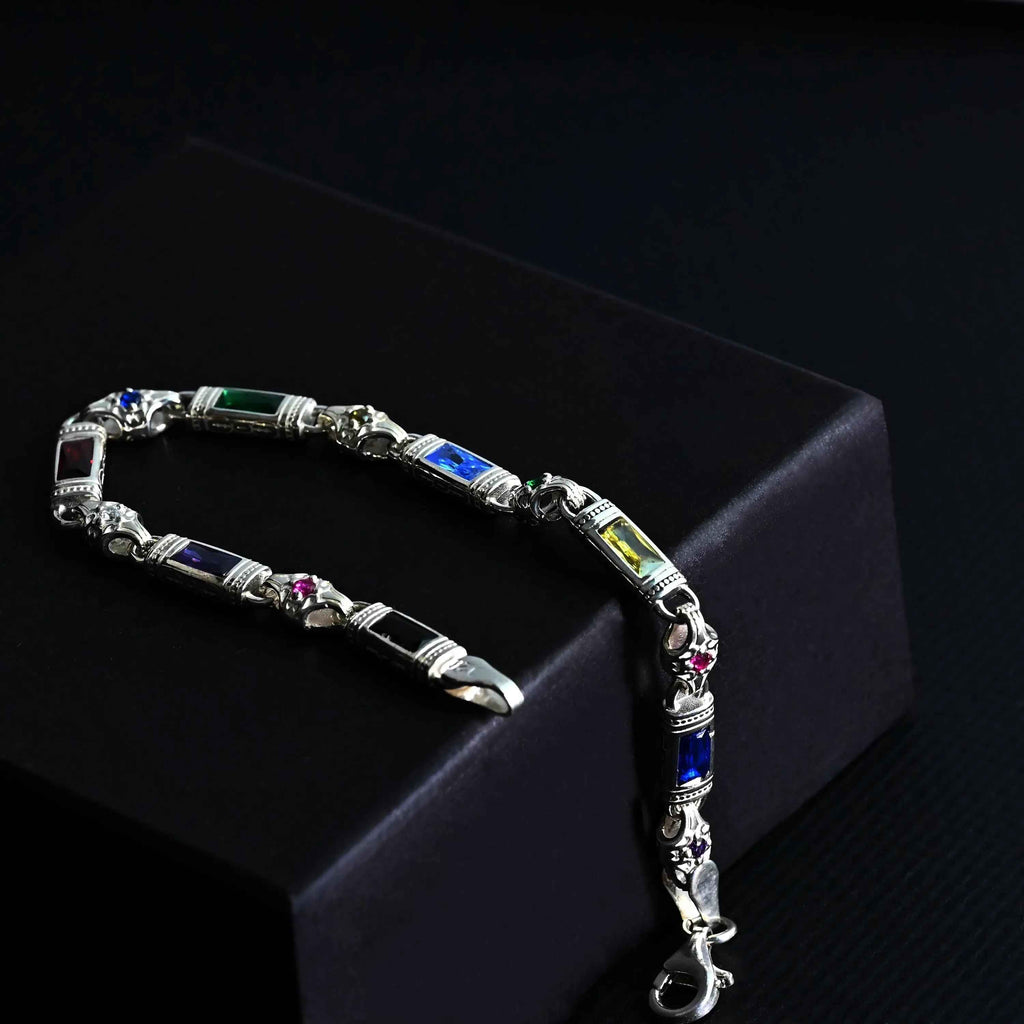 Multicolor Baguette Stone Sterling Silver Bracelet – Men’s Statement Jewelry, Gift for Him