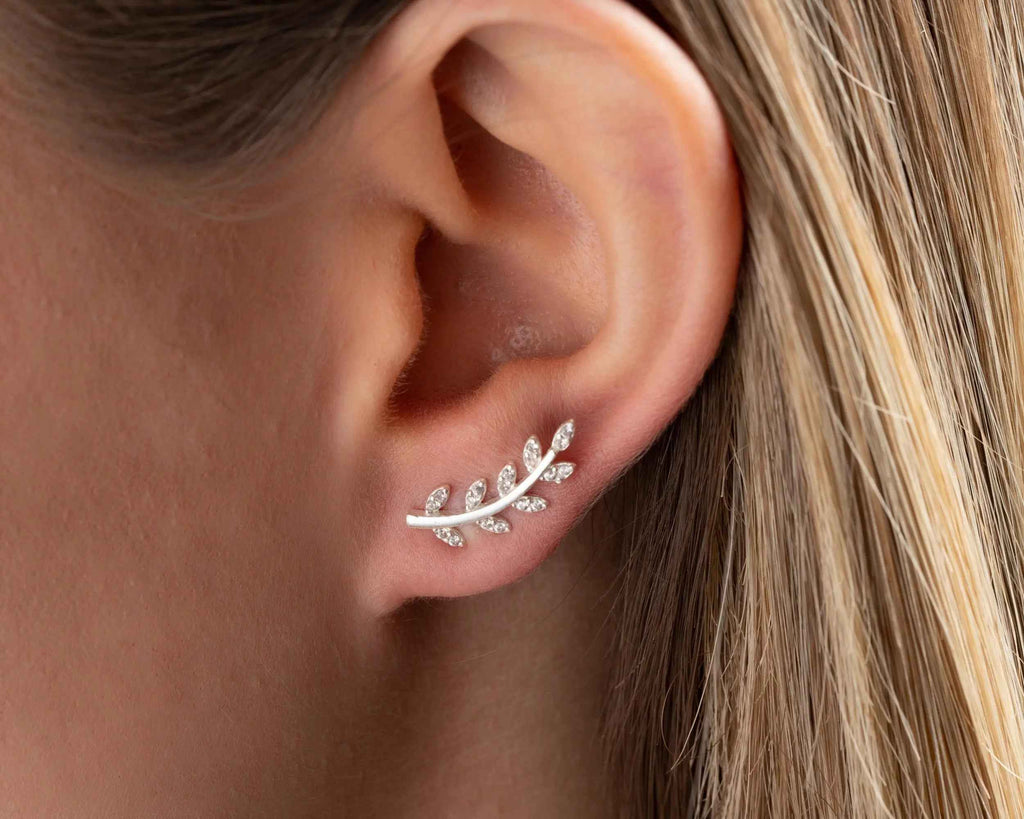 Sterling Silver Leaf Crawler Earrings: Olive Branch Design