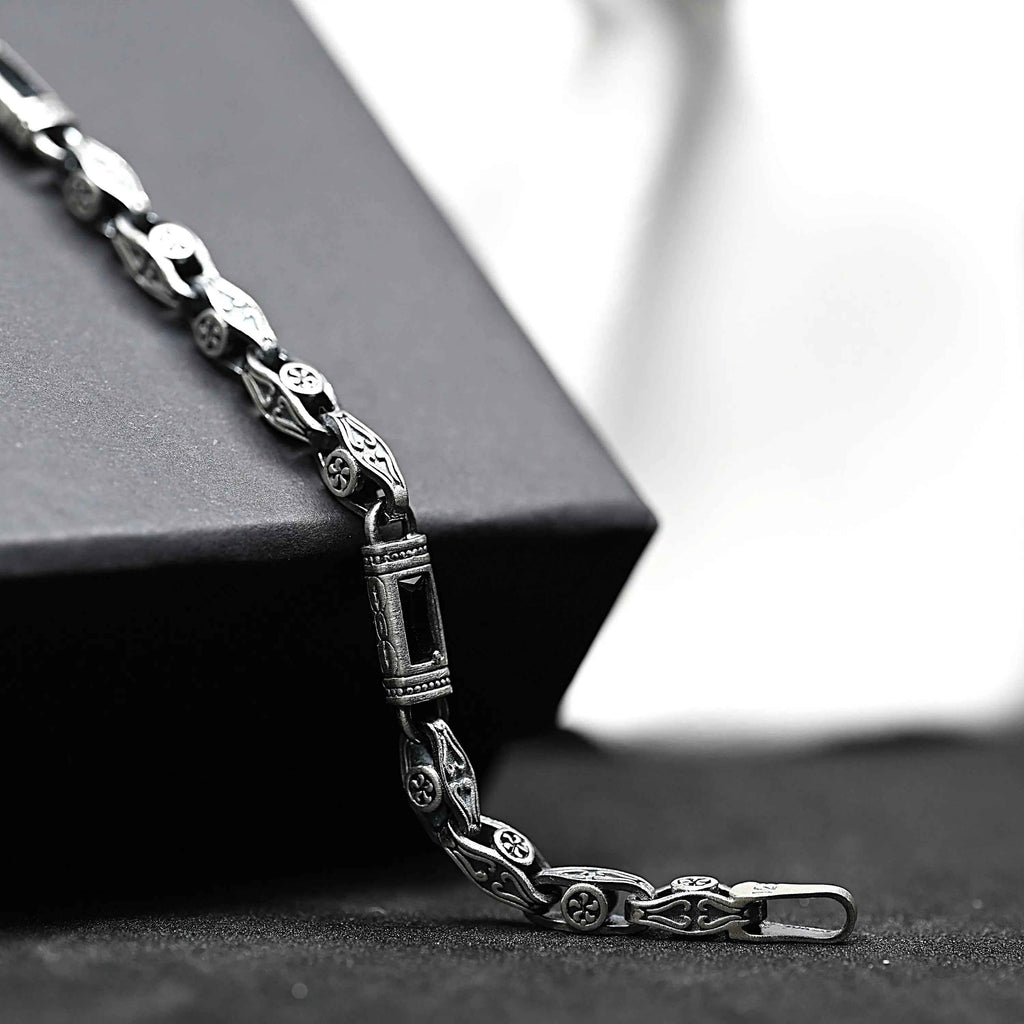 Sterling Silver Men’s Bracelet with Baguette Zircon – Celtic Chain Gift for Him
