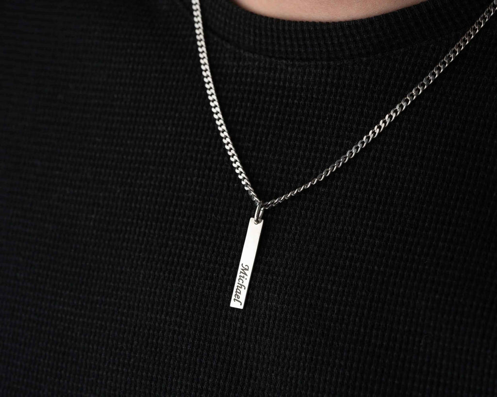 Personalized Sterling Silver Bar Necklace: Engraved Name, Morse Code, Coordinates