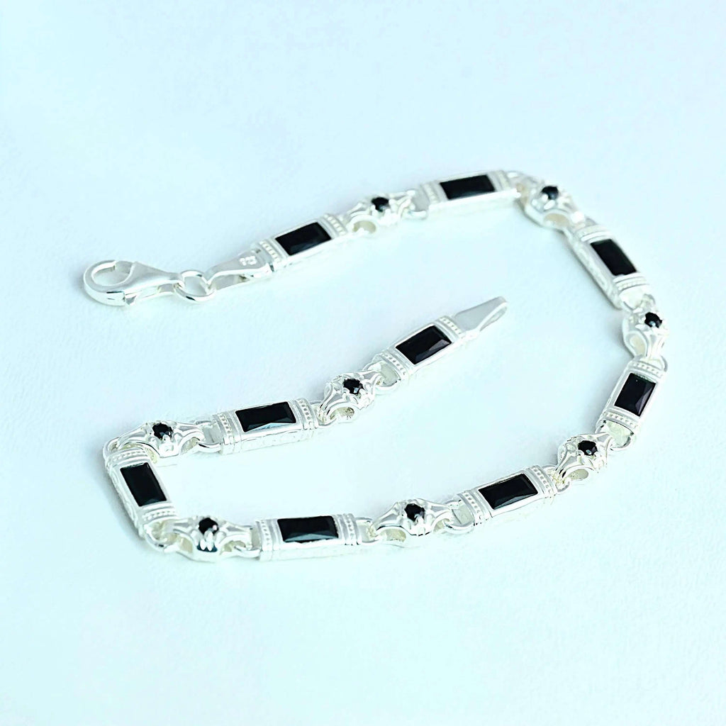 925 Sterling Silver Men's Bracelet: Onyx - Garnet - Navy Blue Zircon Vintage Link Design   Charmora Jewelry