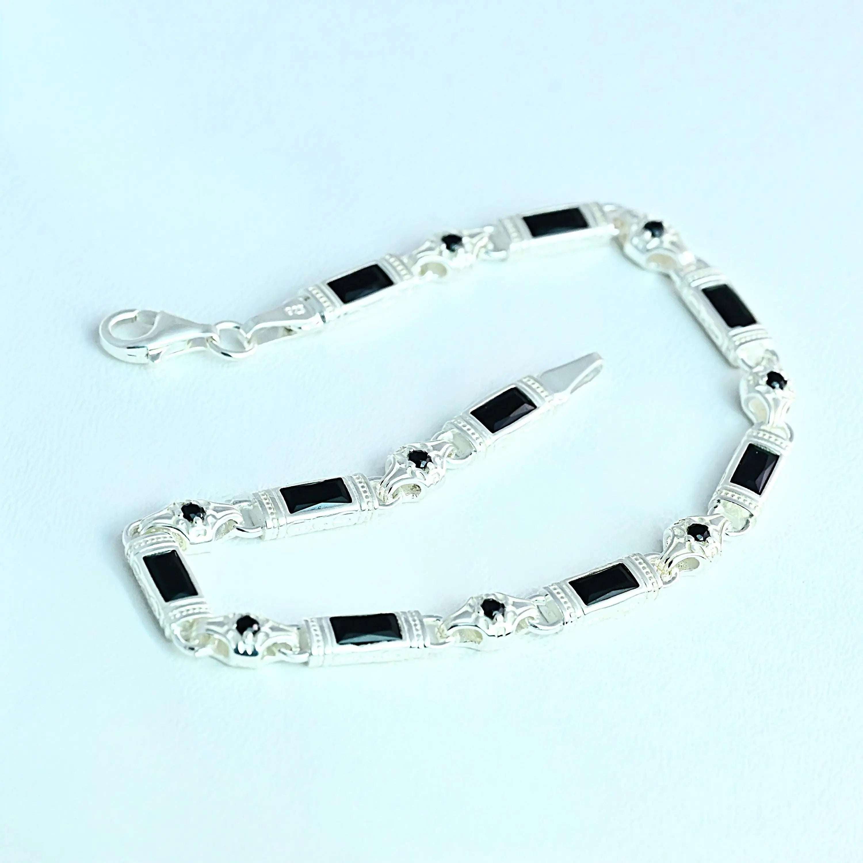 925 Sterling Silver Men's Bracelet: Onyx - Garnet - Navy Blue Zircon Vintage Link Design   Charmora Jewelry