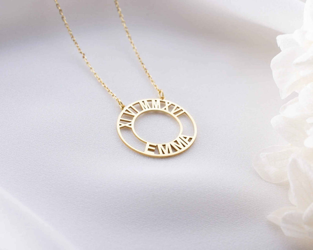 Gold Roman Numeral Necklace: Custom Birthdate Name Pendant