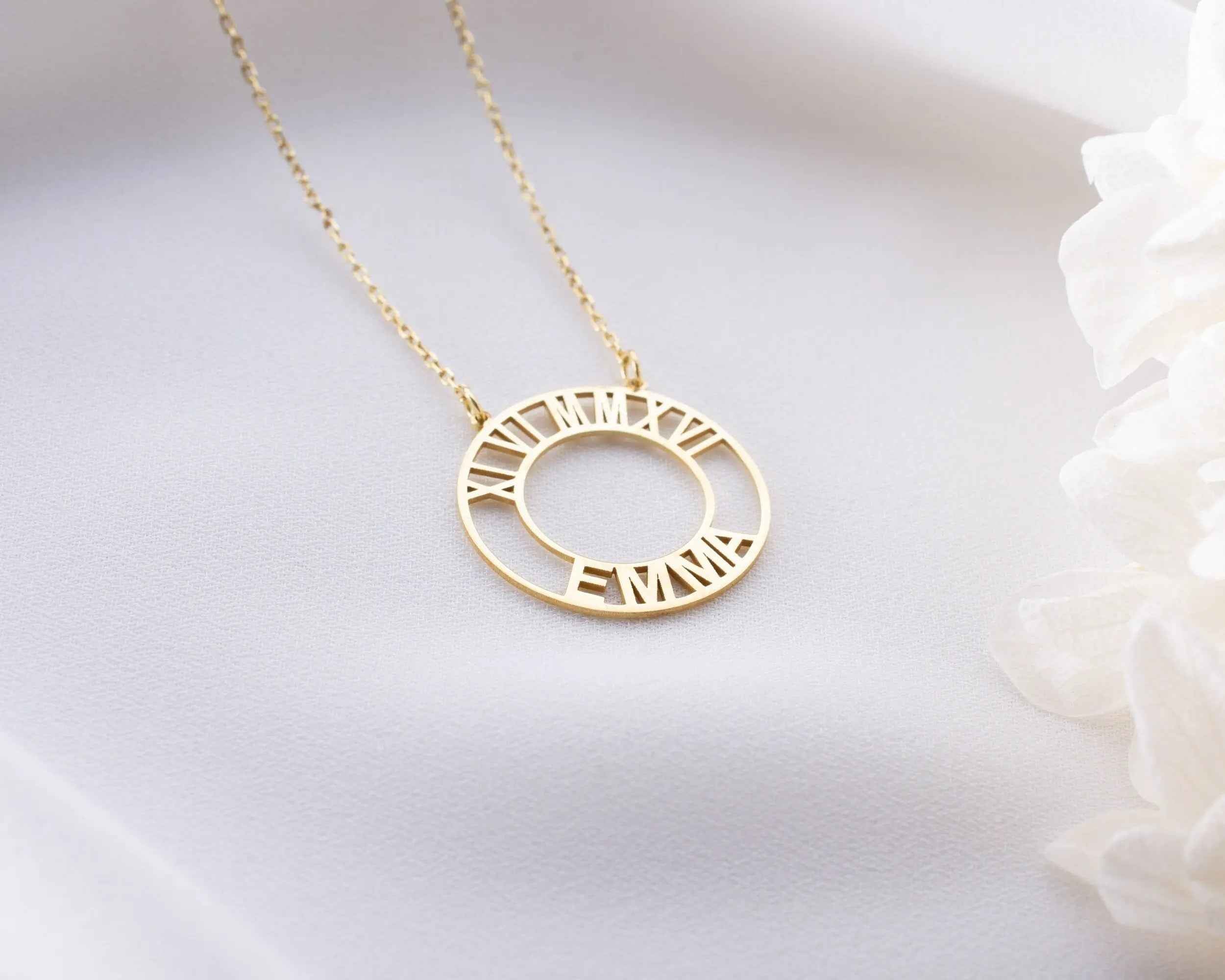 Gold Roman Numeral Necklace: Custom Birthdate Name Pendant