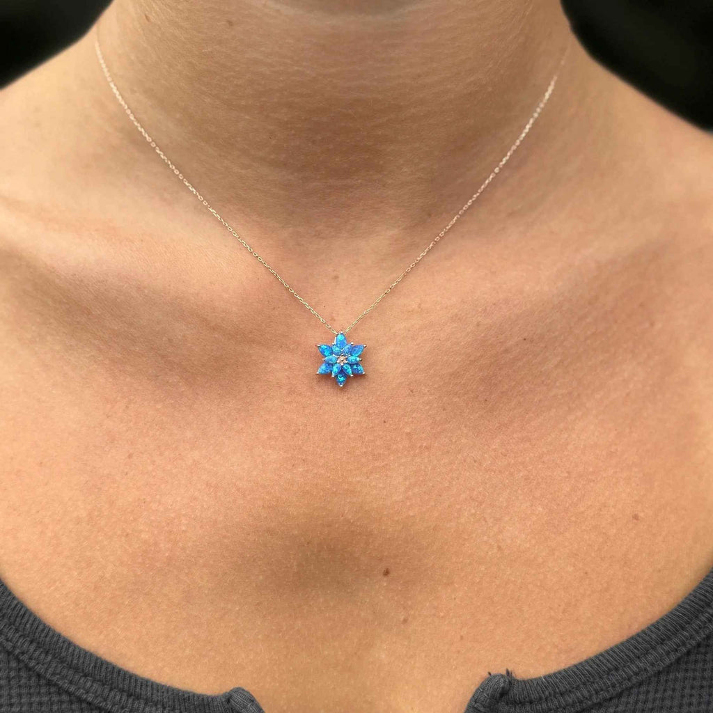 Opal Lotus Flower Necklace: Rose Gold Sterling Silver, Blue Opal