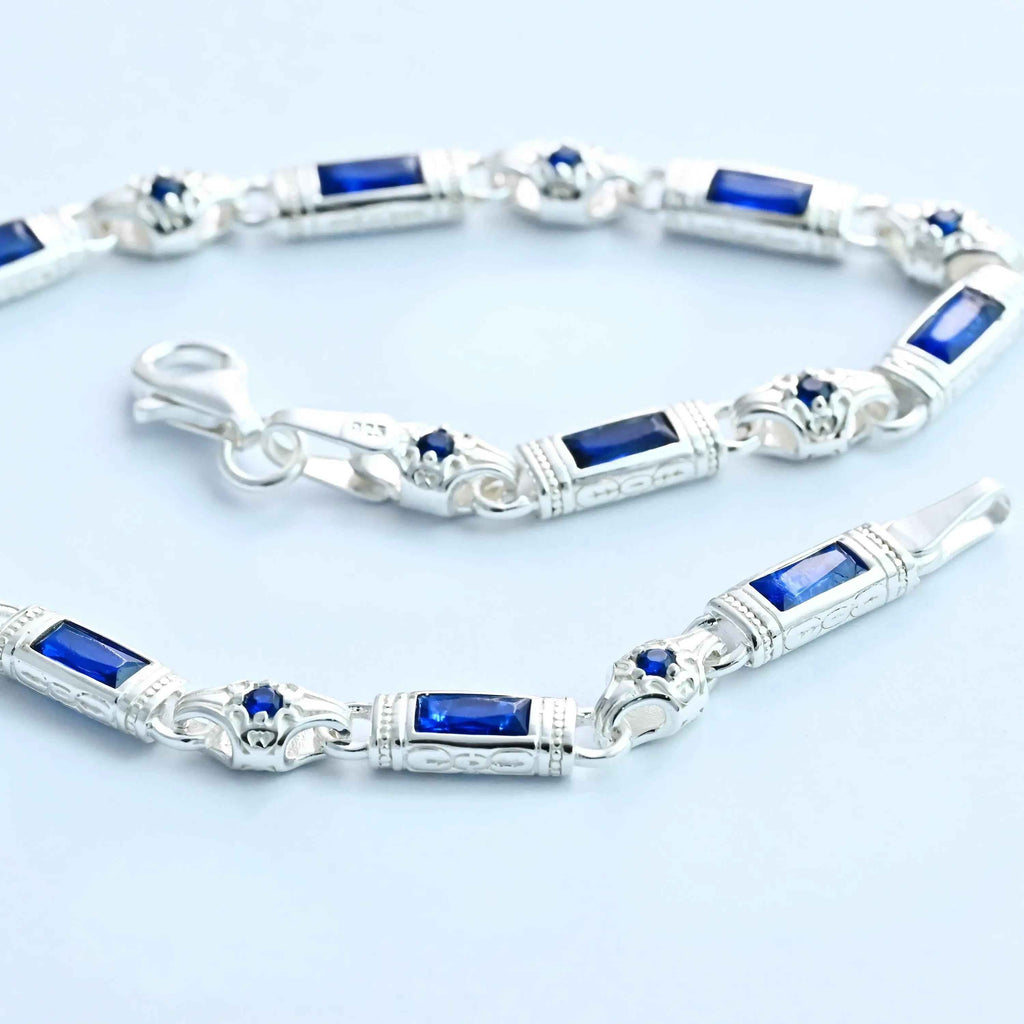 Sterling Silver Men’s Bracelet with Sapphire Baguette Stones – Gift for Him