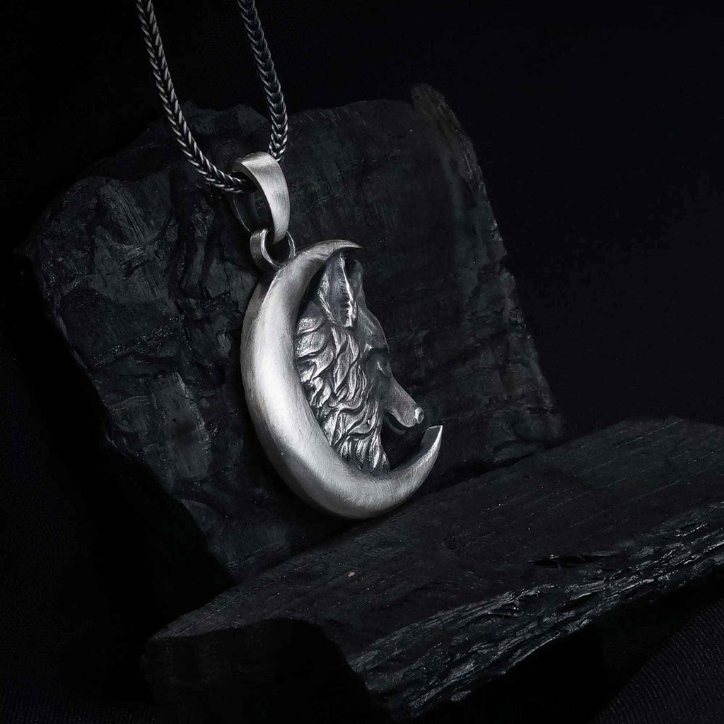 Sterling Silver Wolf Moon Pendant: Engraved Crescent Necklace