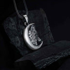 Sterling Silver Wolf Moon Pendant: Engraved Crescent Necklace