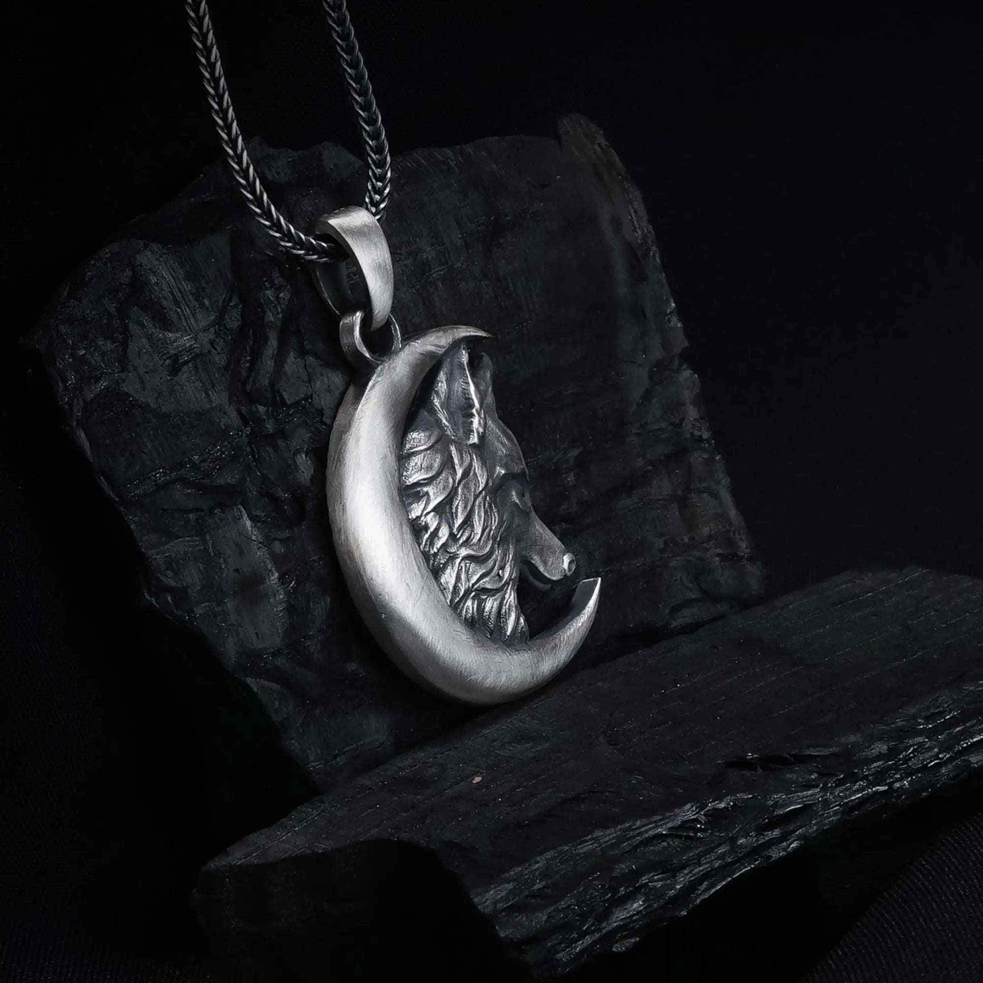 Sterling Silver Wolf Moon Pendant: Engraved Crescent Necklace
