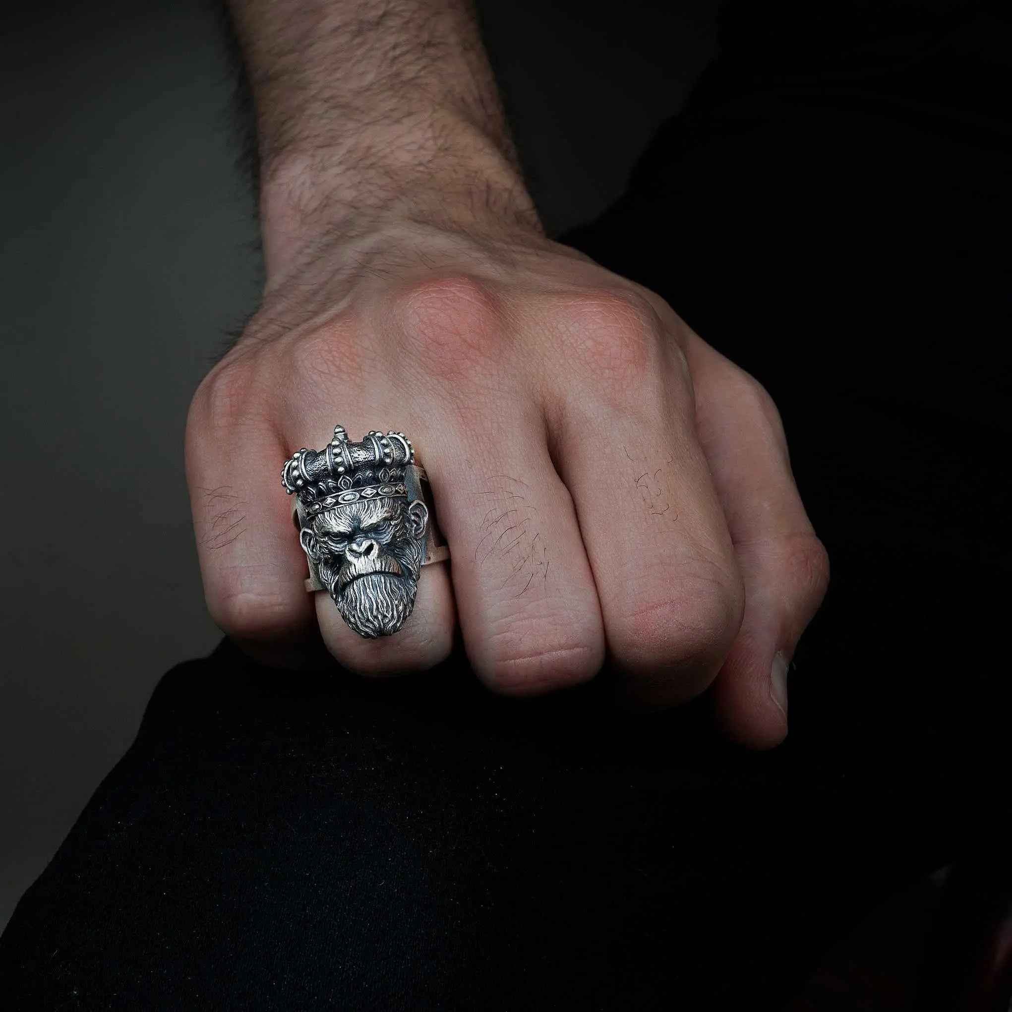 Sterling Silver Gorilla Head Ring: Biker Animal Jewelry