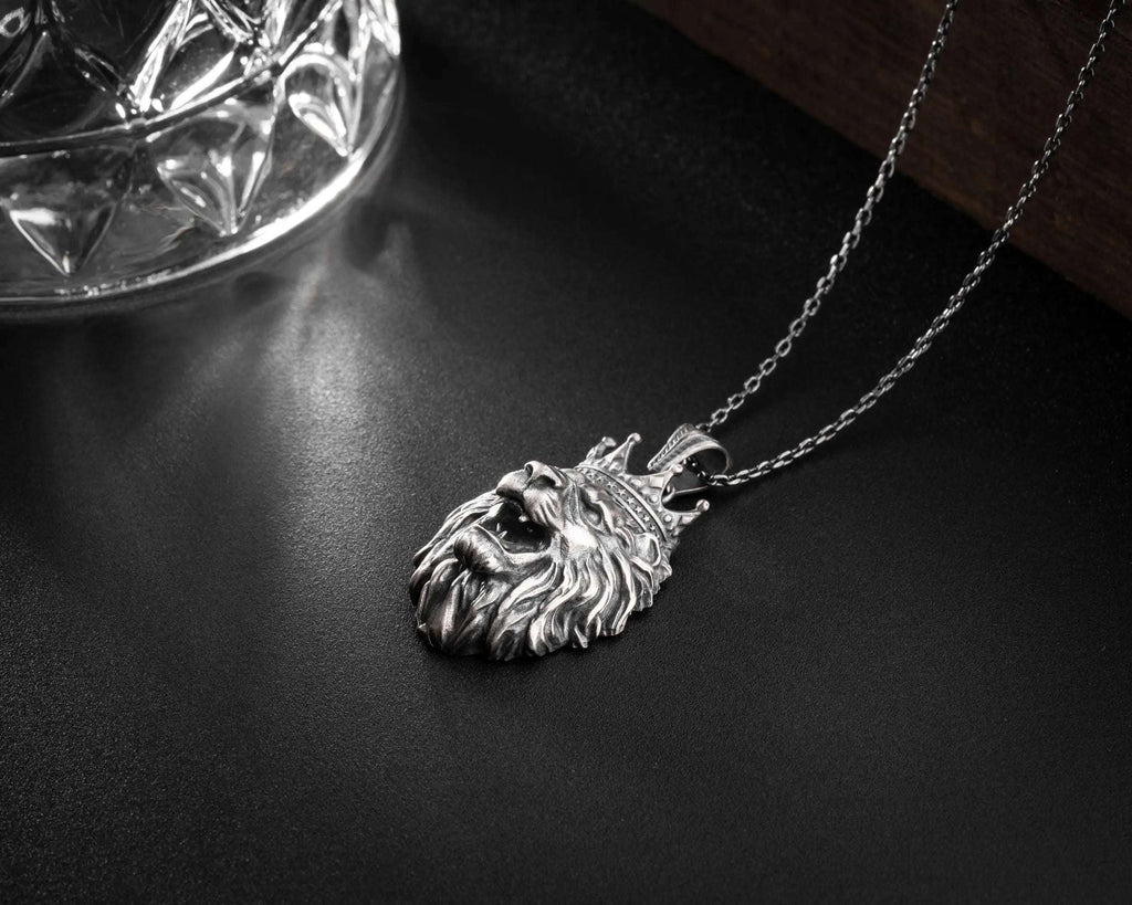 Sterling Silver King Lion Necklace | Leo Zodiac Mens Pendant   Charmora Jewelry