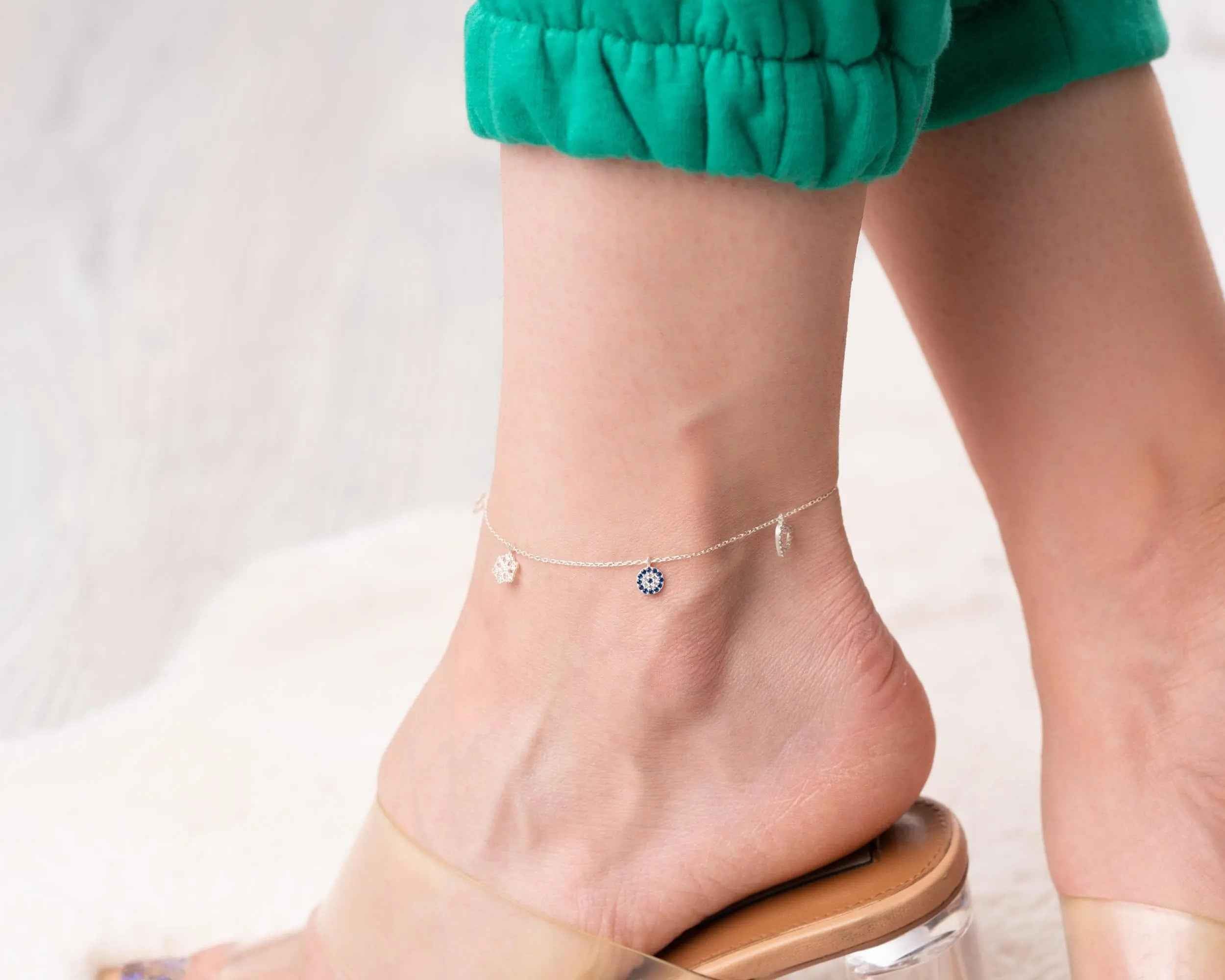 Sterling Silver Charm Anklet: Evil Eye, Heart, Snowflake