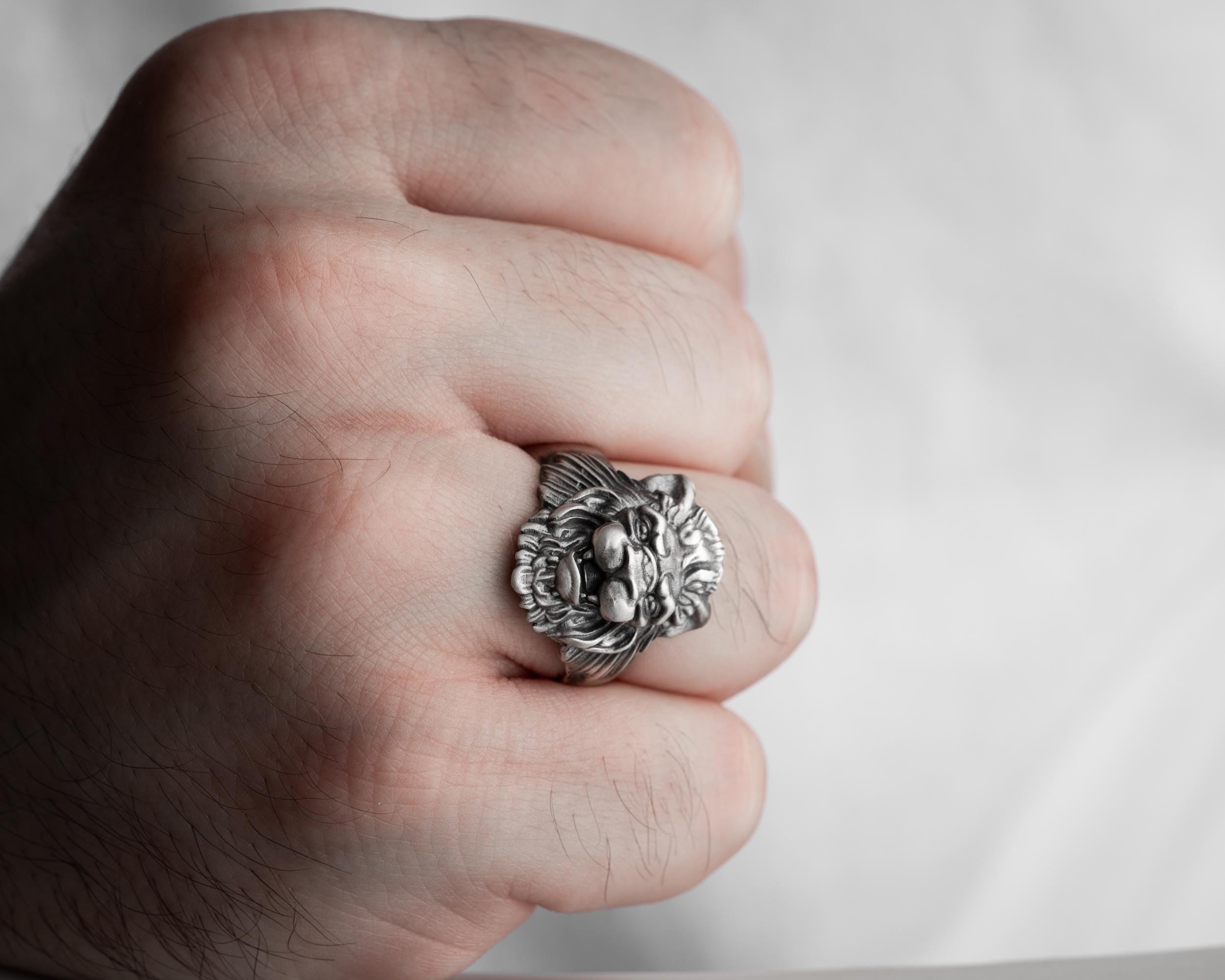 Sterling Silver Lion Head Ring - Handmade Mens Jewelry