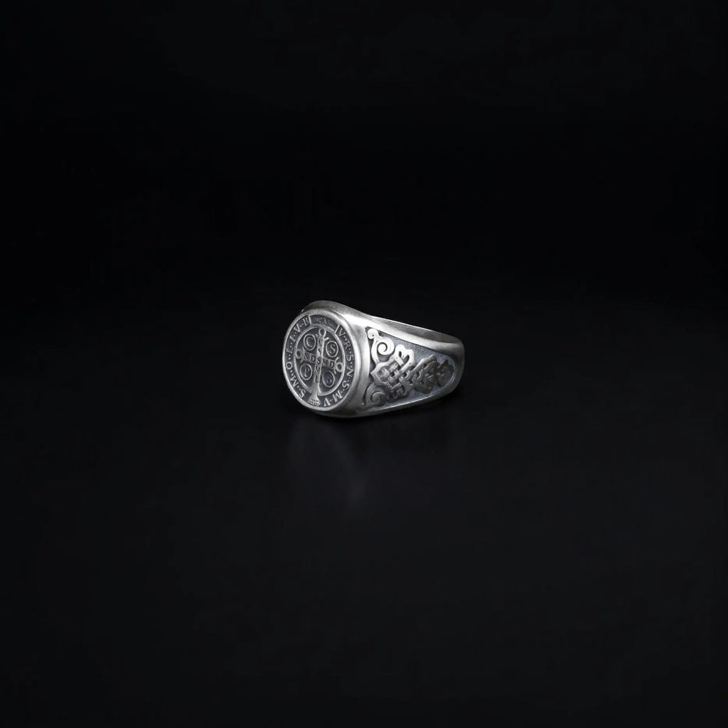 Sterling Silver St Benedict Medal Ring: Religious Signet Jewelry   Charmora Jewelry