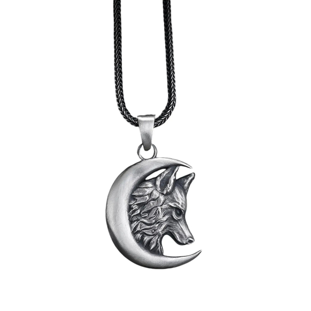 Sterling Silver Wolf Moon Pendant: Engraved Crescent Necklace   Charmora Jewelry