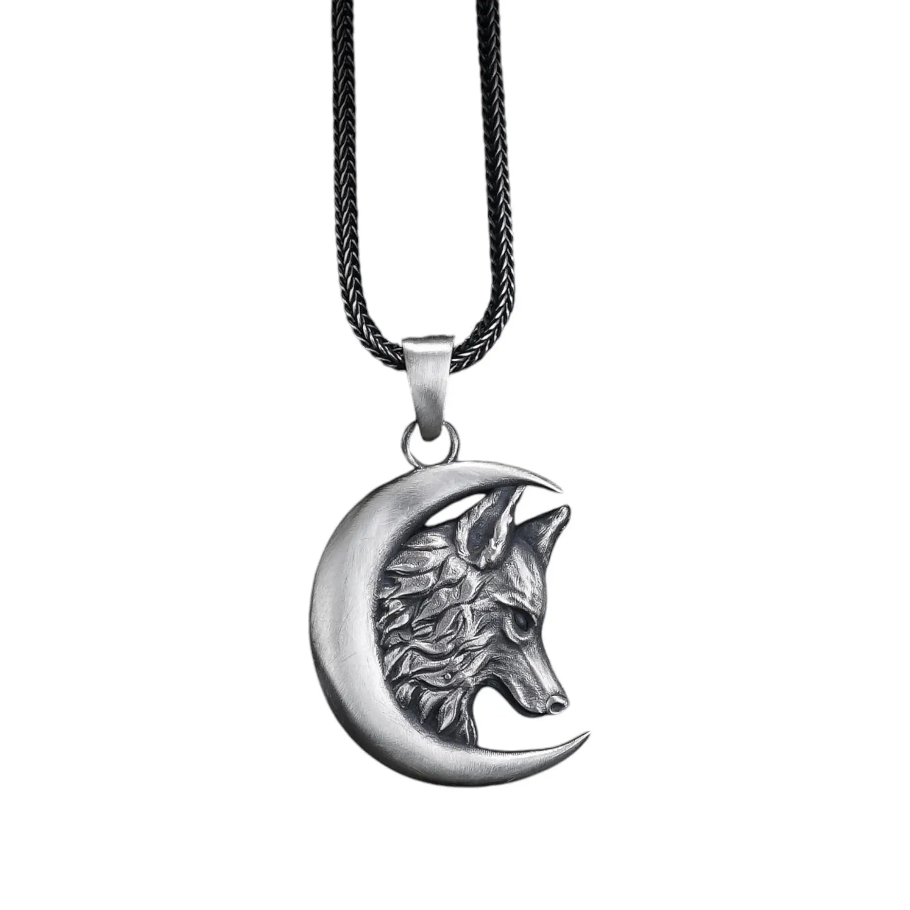 Pendentif Loup et Lune en Argent Sterling : Collier Croissant Gravé