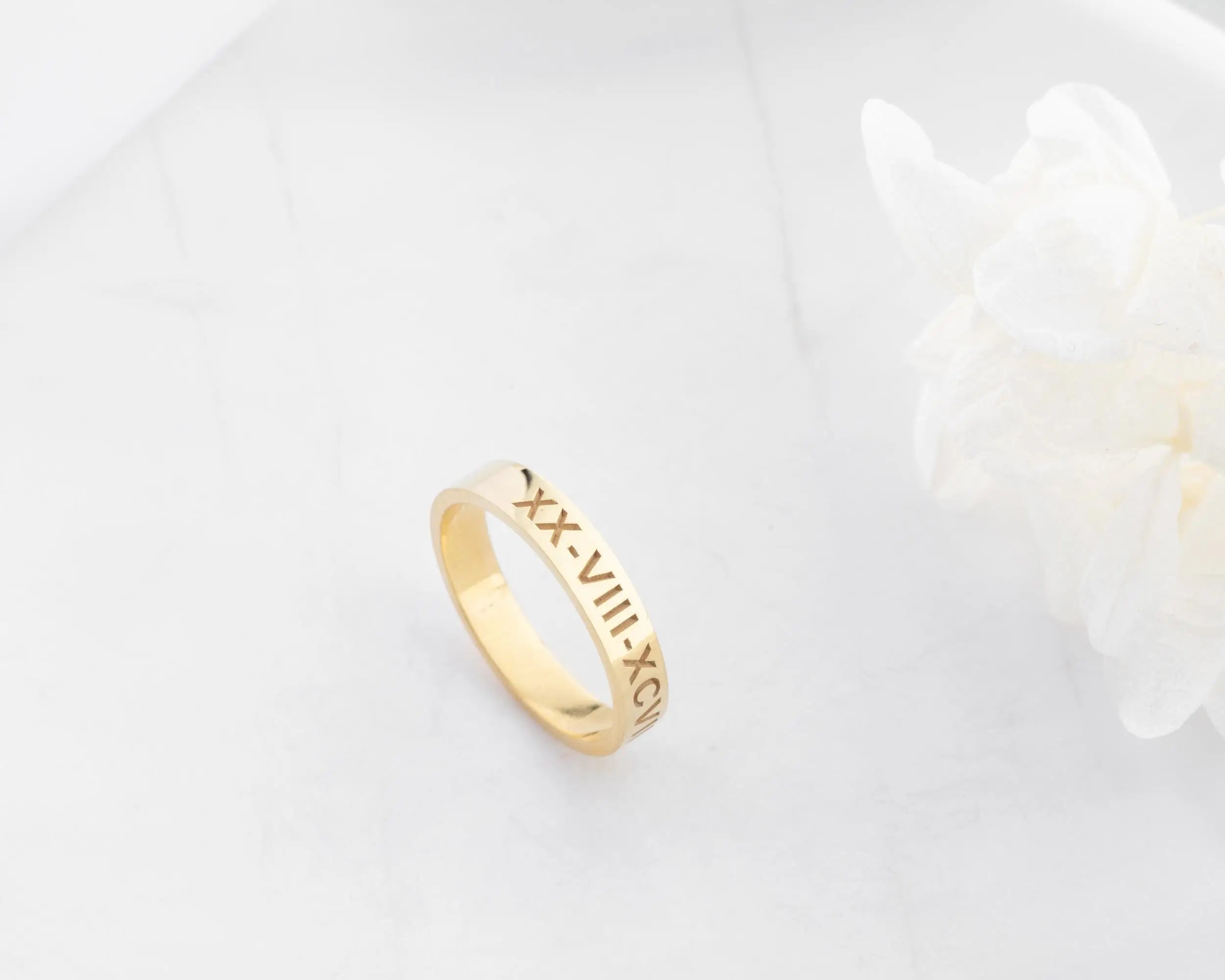 Solid Gold Roman Numeral Date Ring: Personalized Anniversary Jewelry   Charmora Jewelry