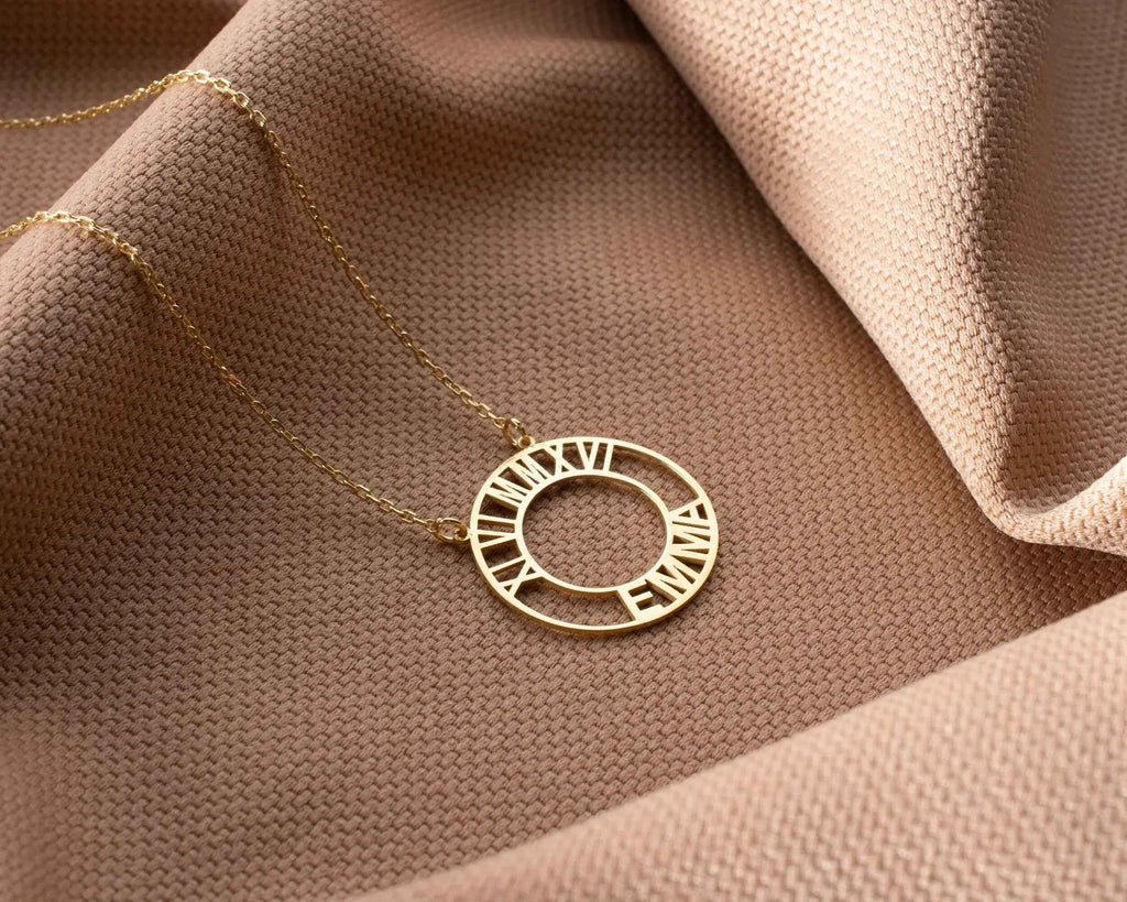 Gold Roman Numeral Necklace: Custom Birthdate Name Pendant