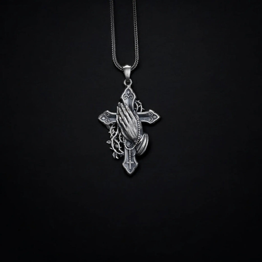Sterling Silver Praying Hands Cross Necklace, Religious Pendant   Charmora Jewelry