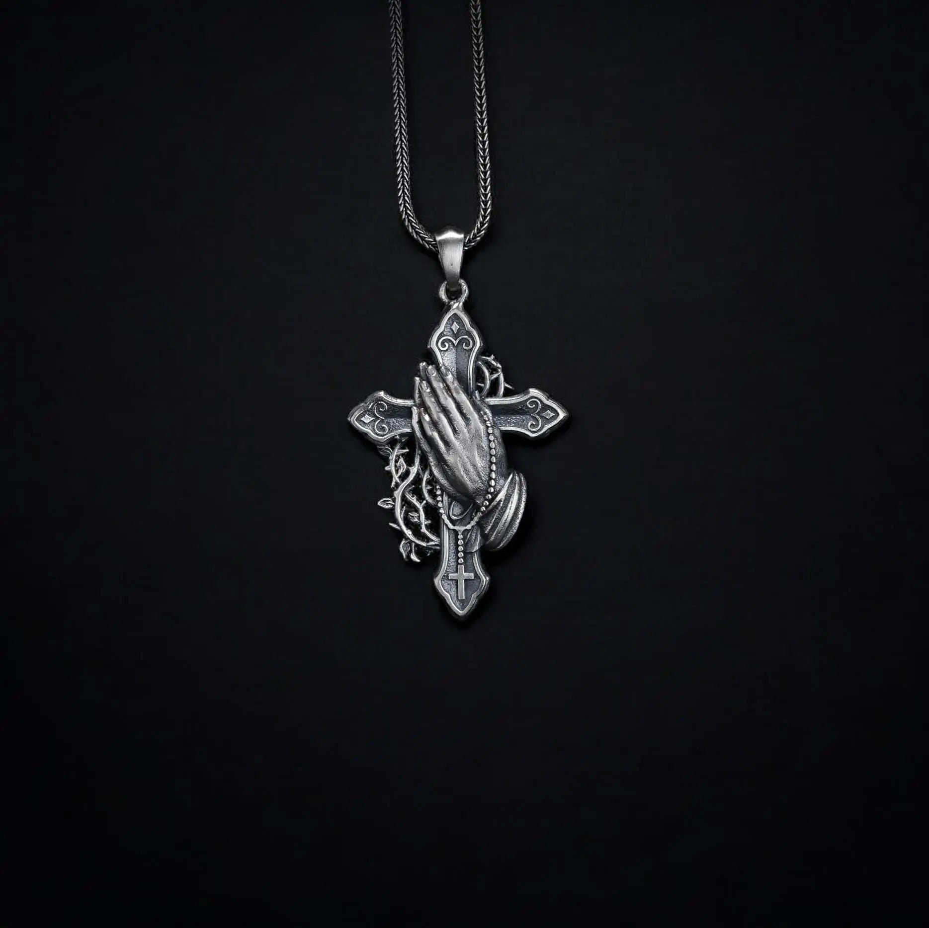 Pendentif Croix Mains en Prière en Argent Sterling, Pendentif Religieux