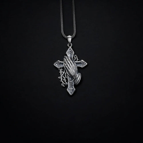 Sterling Silver Praying Hands Cross Necklace, Religious Pendant   Charmora Jewelry