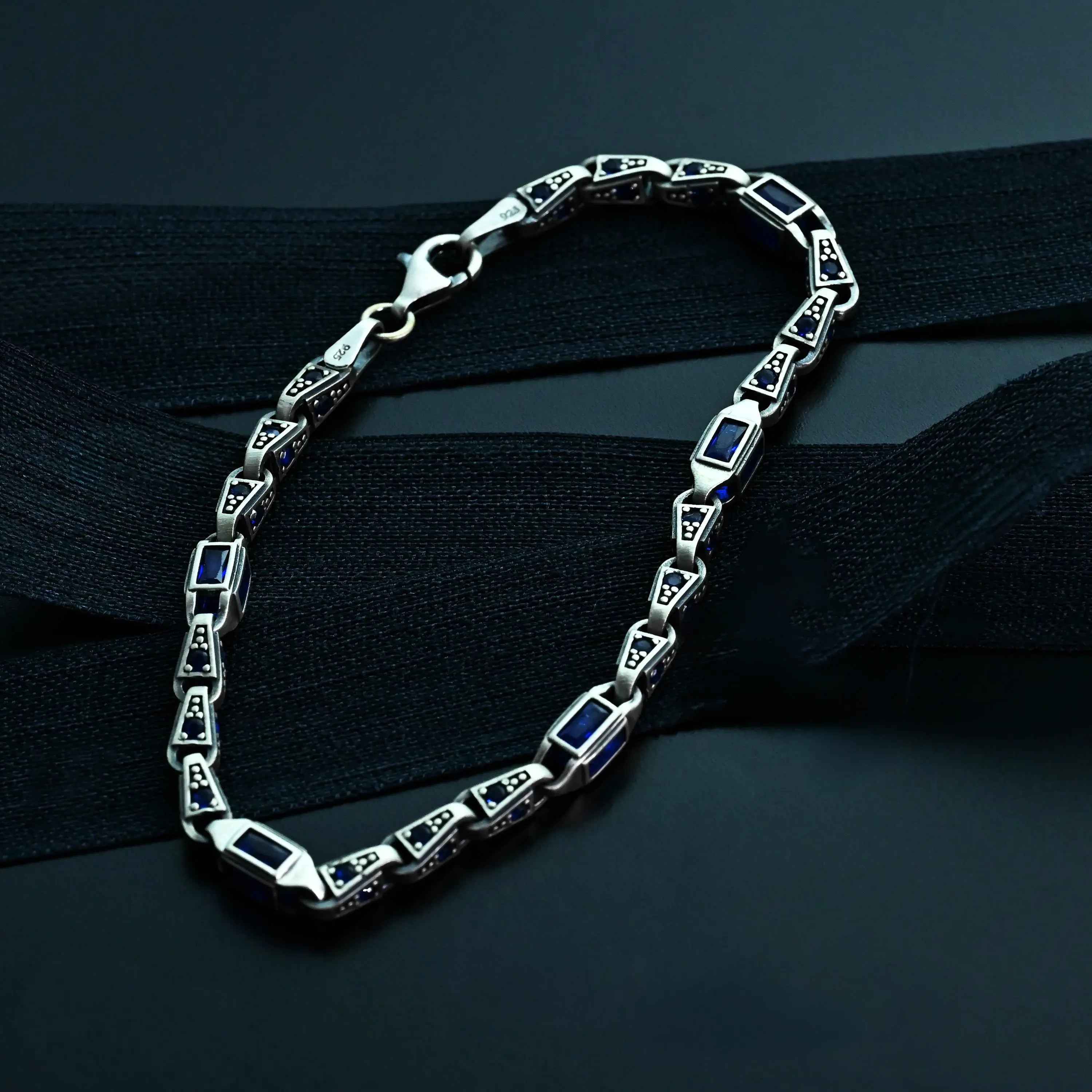 925 Sterling Silver Blue Baguette Bracelet for Men, Modern Men’s Jewelry Gift