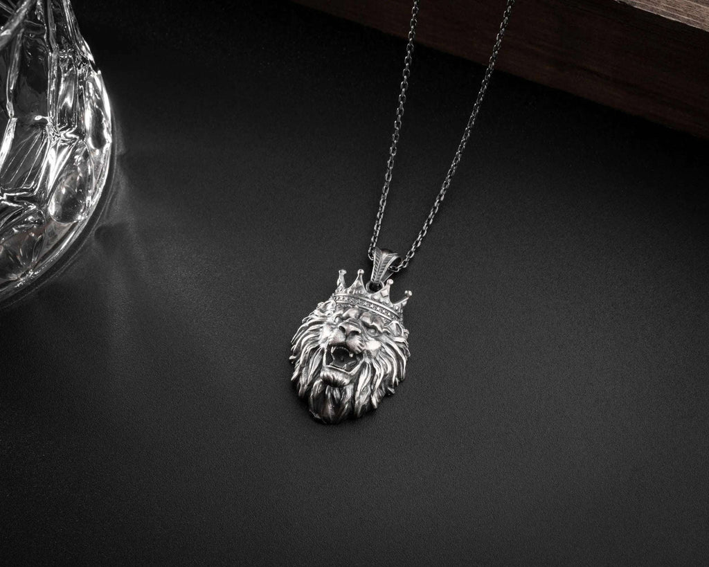 Sterling Silver King Lion Necklace | Leo Zodiac Mens Pendant   Charmora Jewelry
