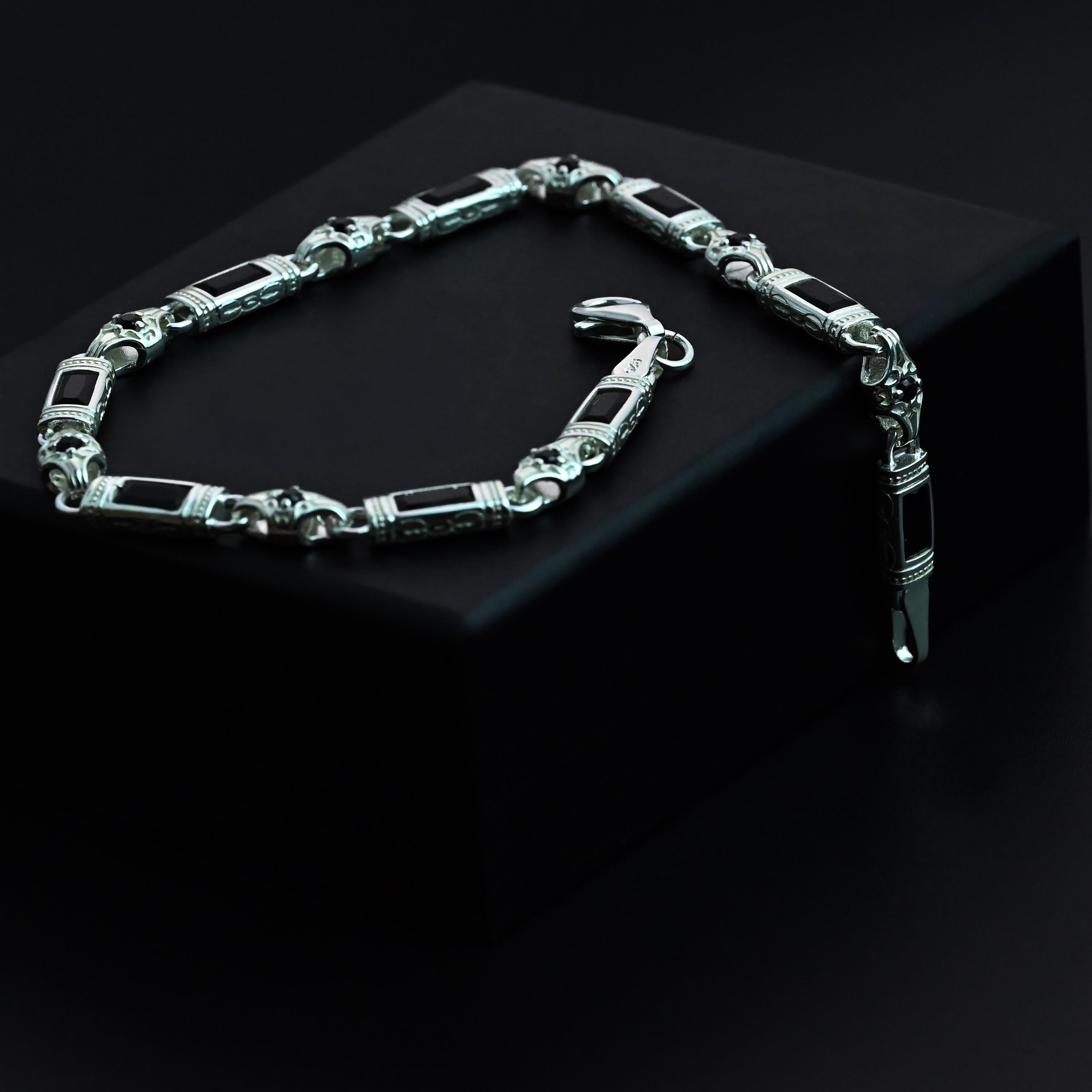 Black Zircon Baguette Stone Bracelet – Handmade Sterling Silver Chain