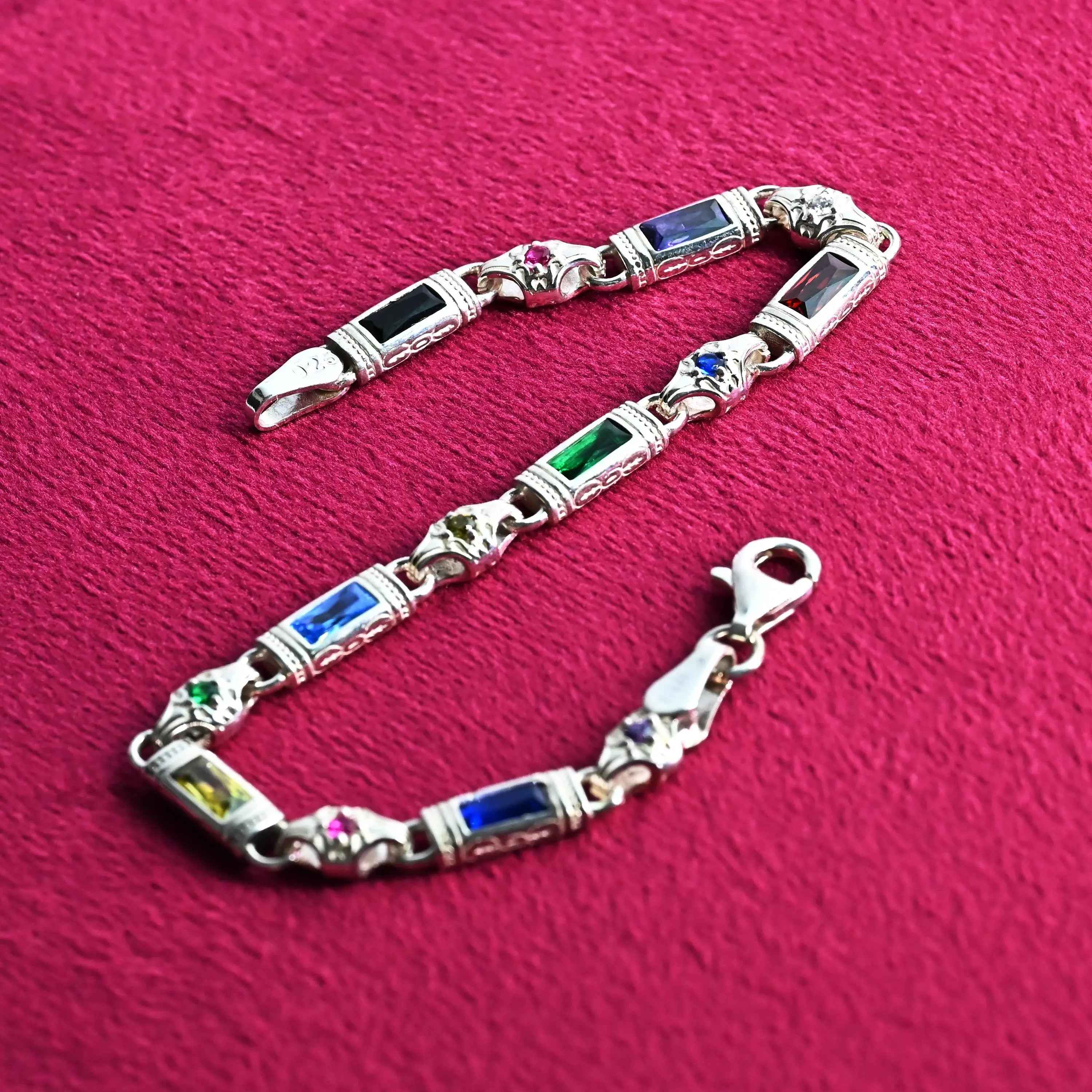 Multicolor Baguette Stone Sterling Silver Bracelet – Men’s Statement Jewelry, Gift for Him
