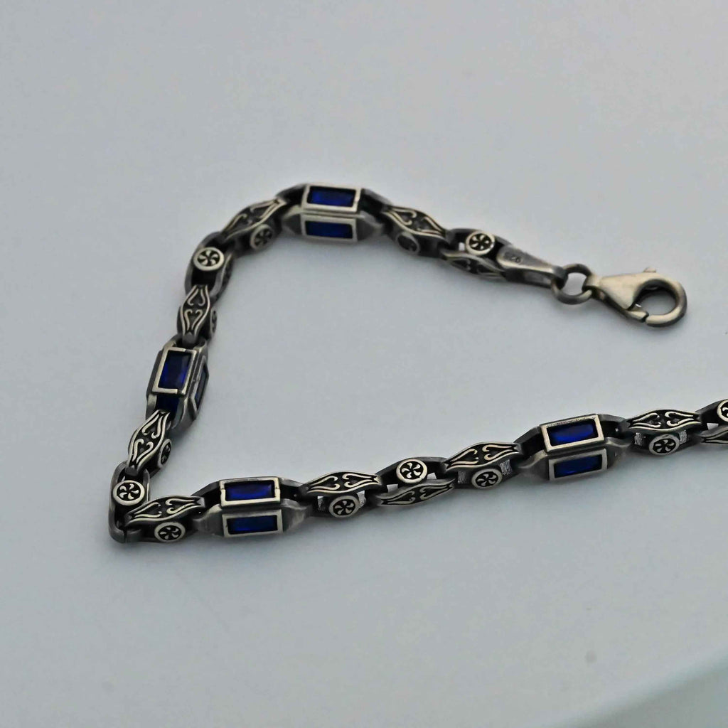 Sterling Silver Men's Bracelet: Blue Zircon Vintage Link Design