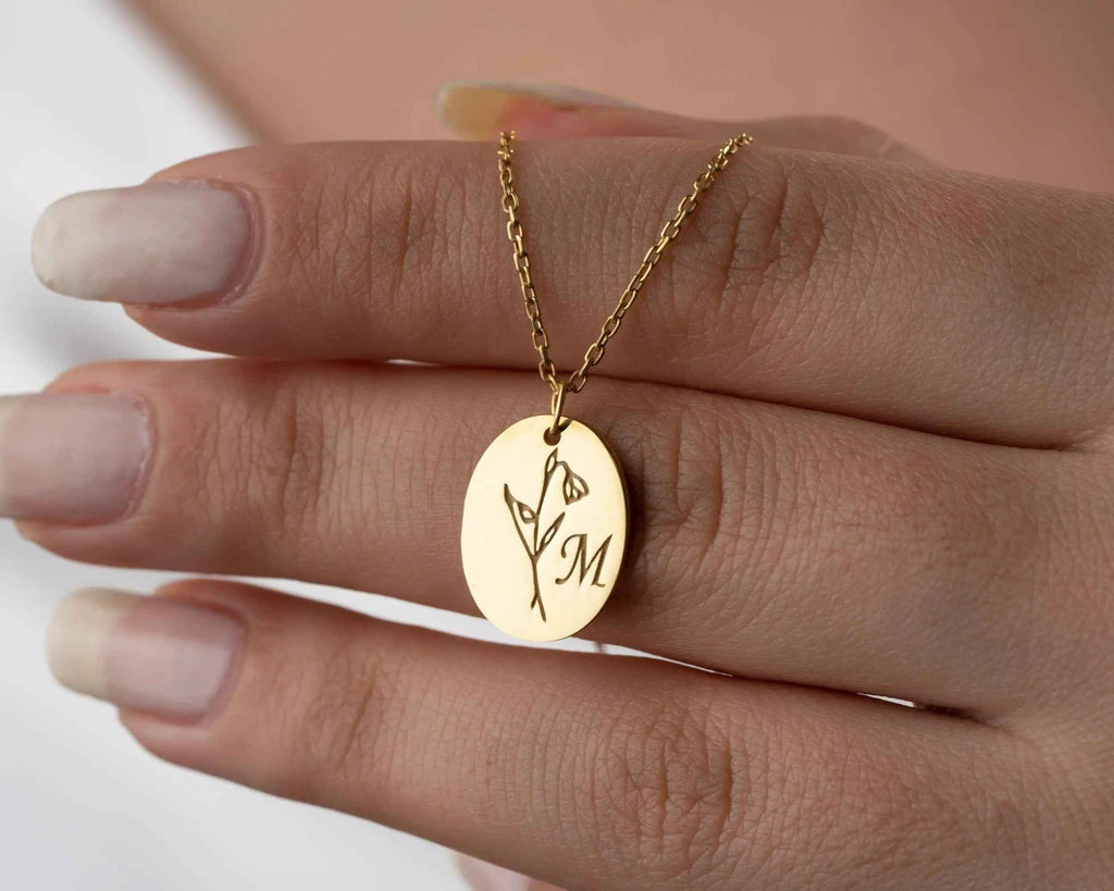 Birth Flower Initial Necklace: Engraved Sterling Silver Personalized Jewelry