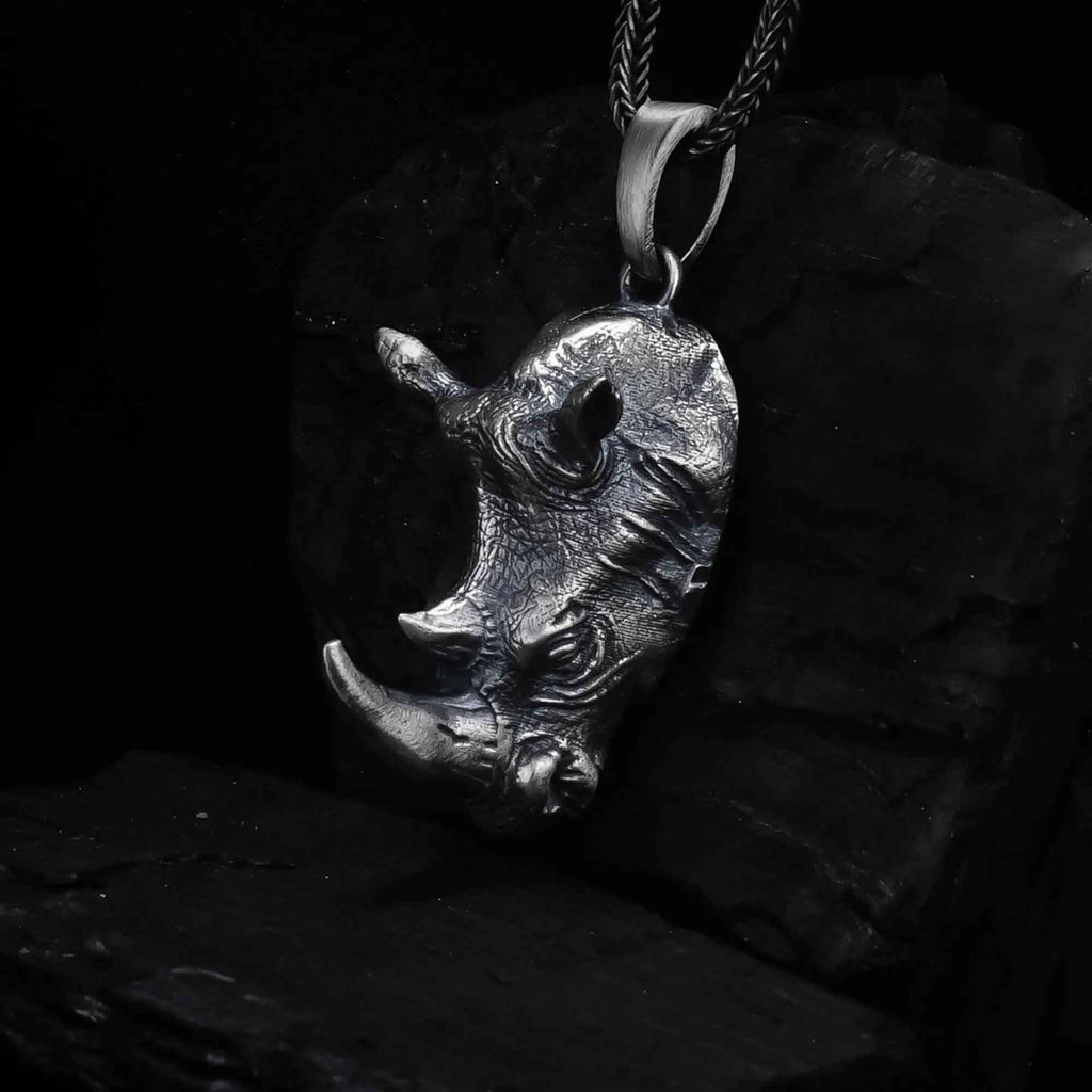 Oxidized Sterling Silver Rhino Pendant, Animal Necklace for Men