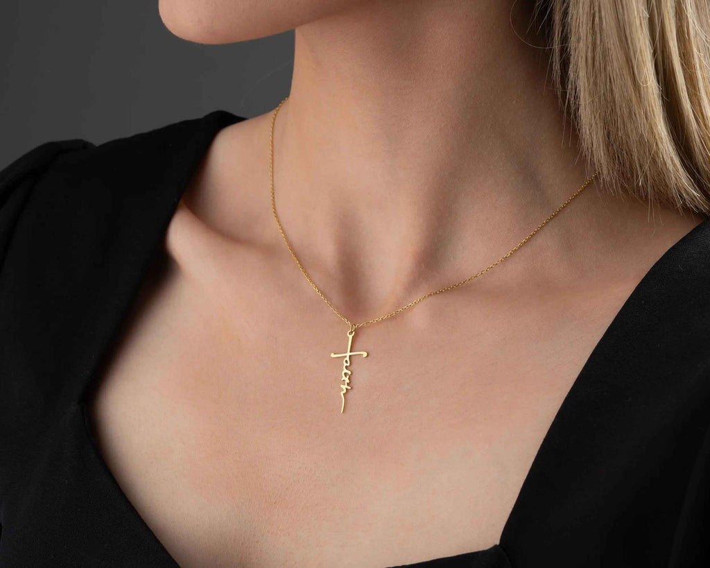 Solid Gold Cross Necklace, Religious Faith Pendant