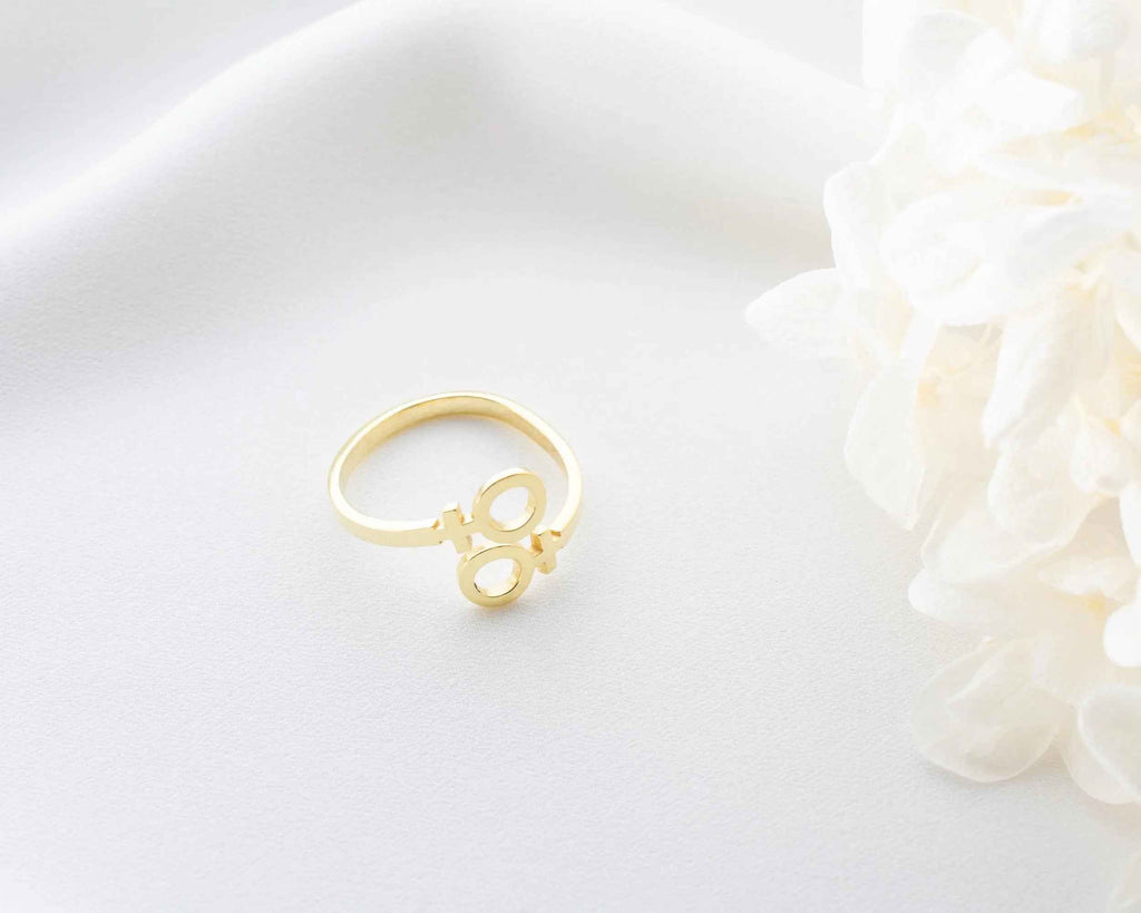 Solid Gold Double Venus Ring: Lesbian Pride Jewelry